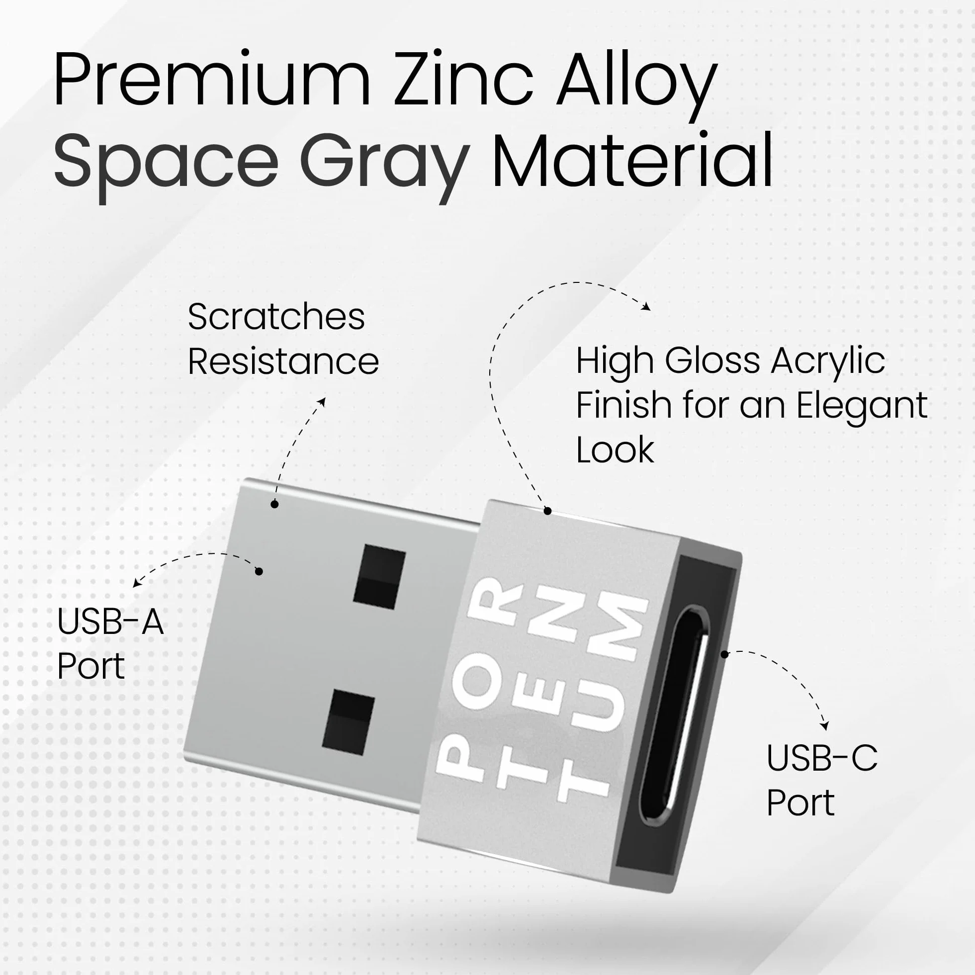 PORTENTUM Adaptateur USB C Femelle vers USB A Mâle 2.0 480 Mo Zinc