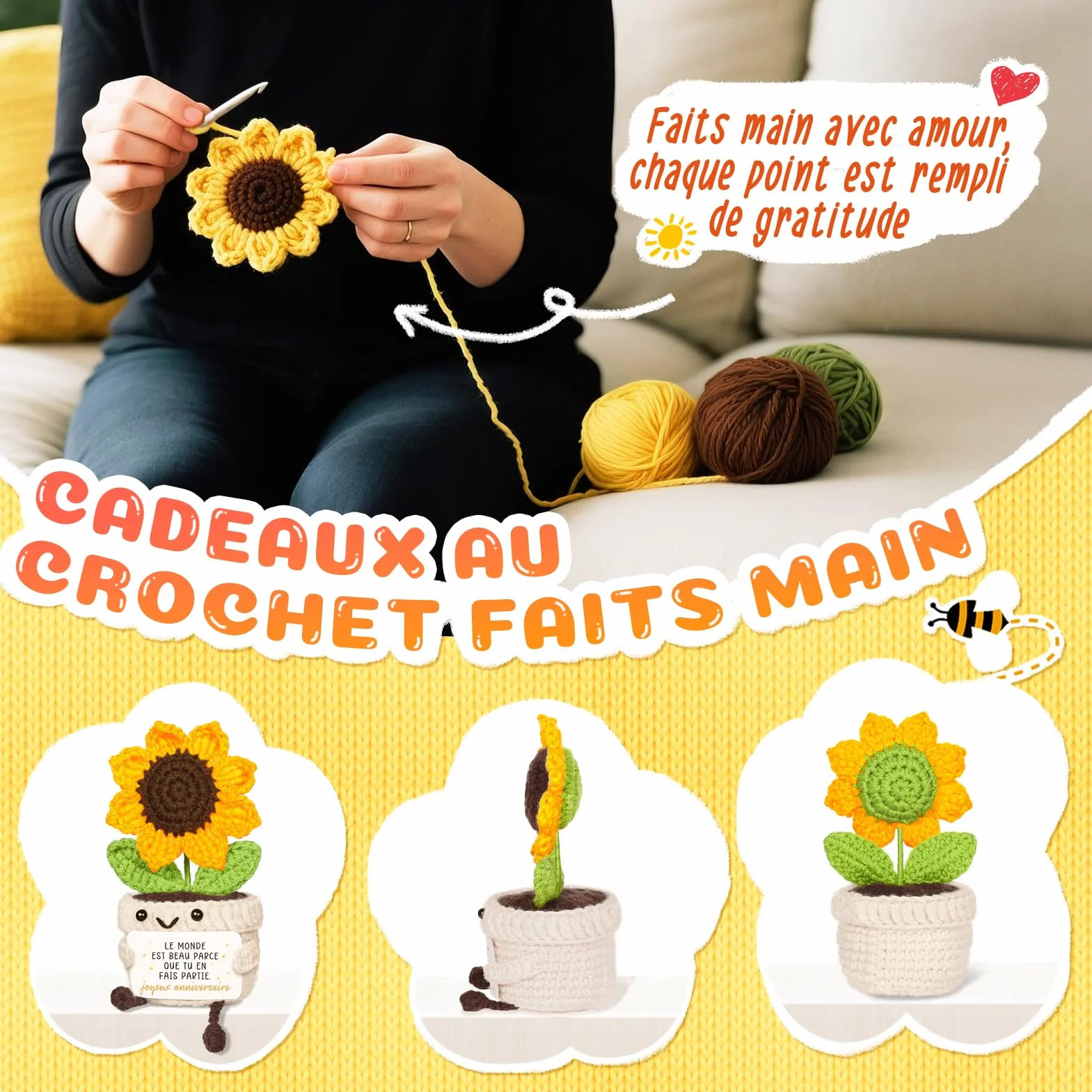 Tournesol au Crochet Soutien Emotionnel Cadeau Anniversaire Femme Original