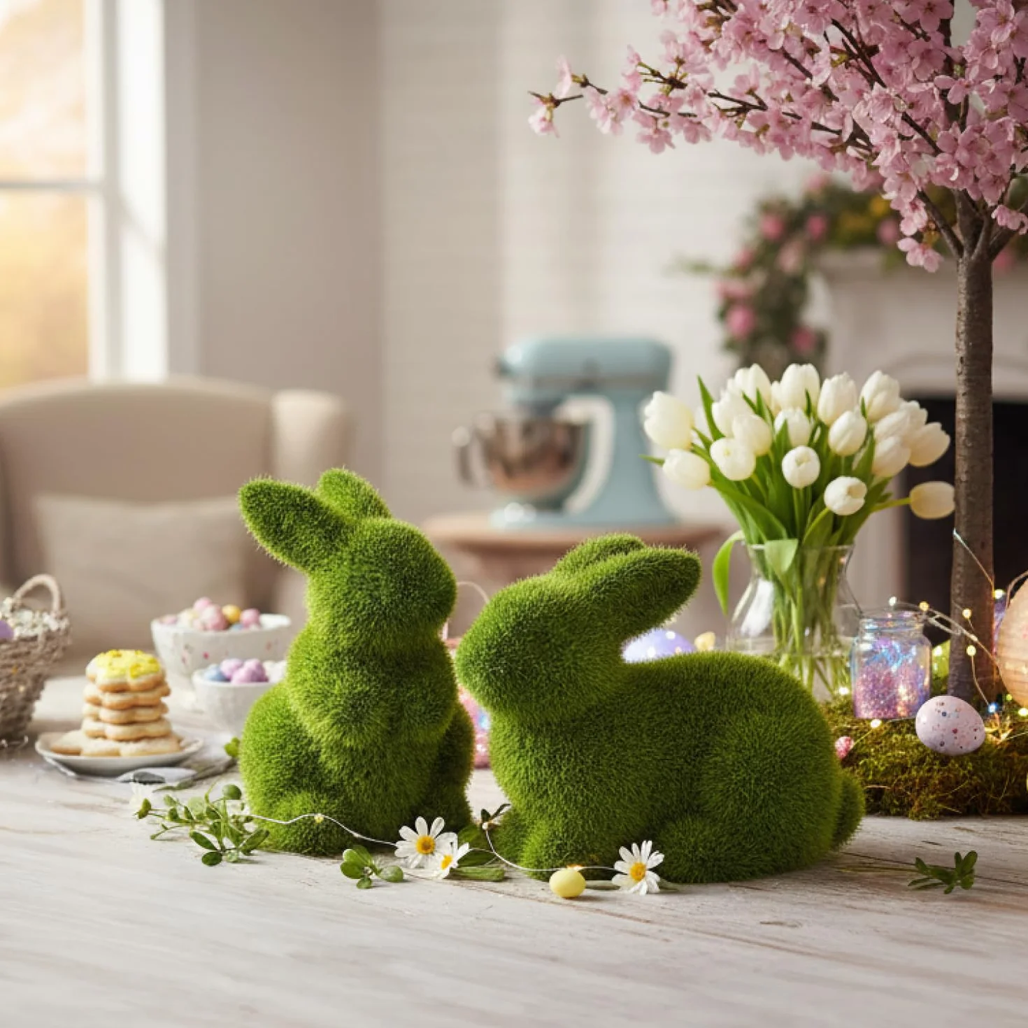 Figurine décorative Lapin de Pâques en céramique Verte 11 cm com-four® Paire de 2 Lapins Gazon Artificiel