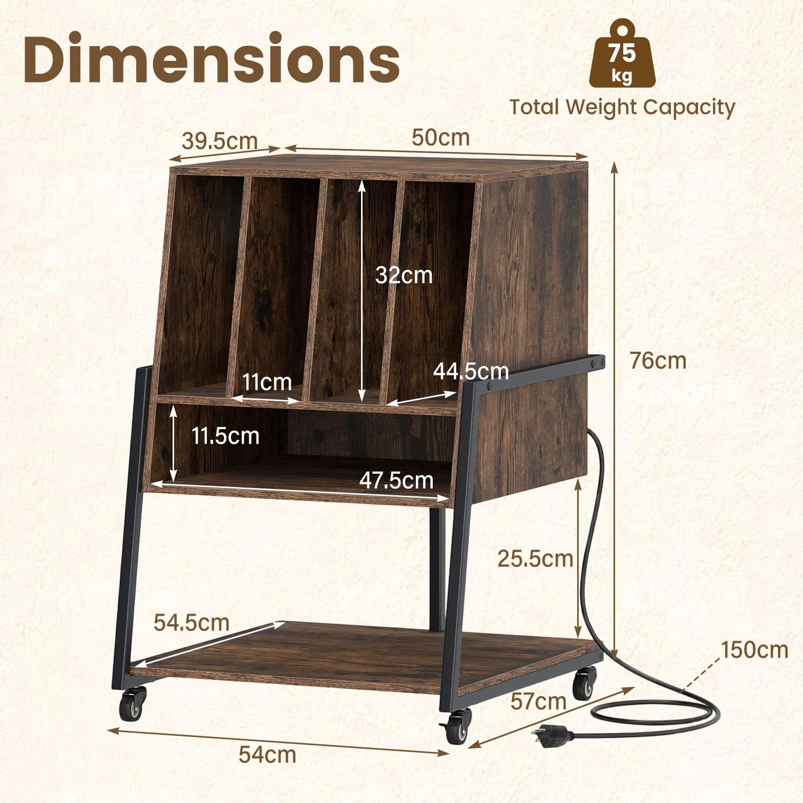 KOMFOTTEU Meuble Platine Vinyle avec Roulette, Support de Tourne-Disque, Compartiments & Étagère inférieure, Meuble Tourne-Disque, 54 x 57 x 76,5 cm (Marron, avec Station de Recharge)