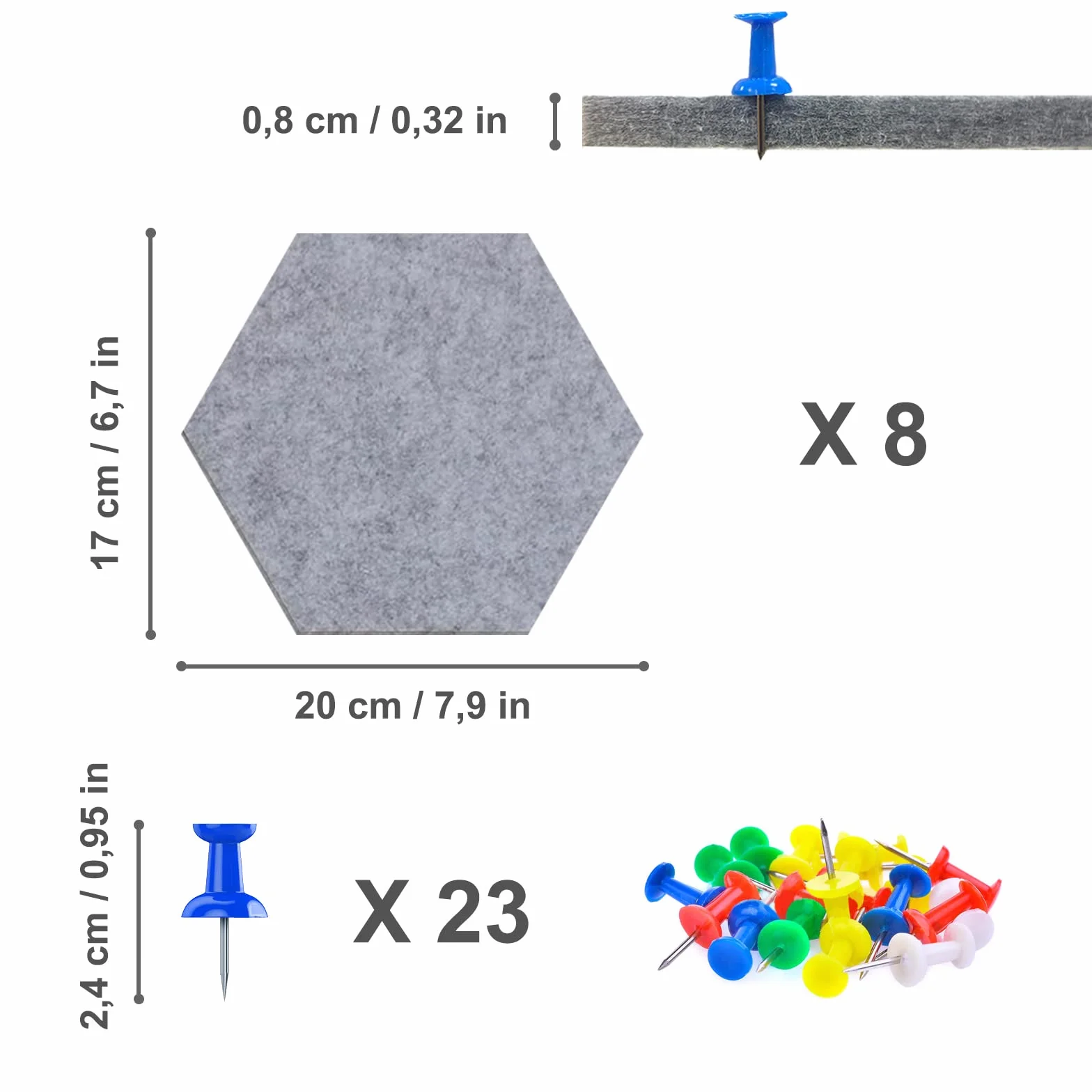 Panneau de Feutre Hexagone 8 Pièces 20 x 17 cm Gris Auto Adhésif avec 23 Punaises