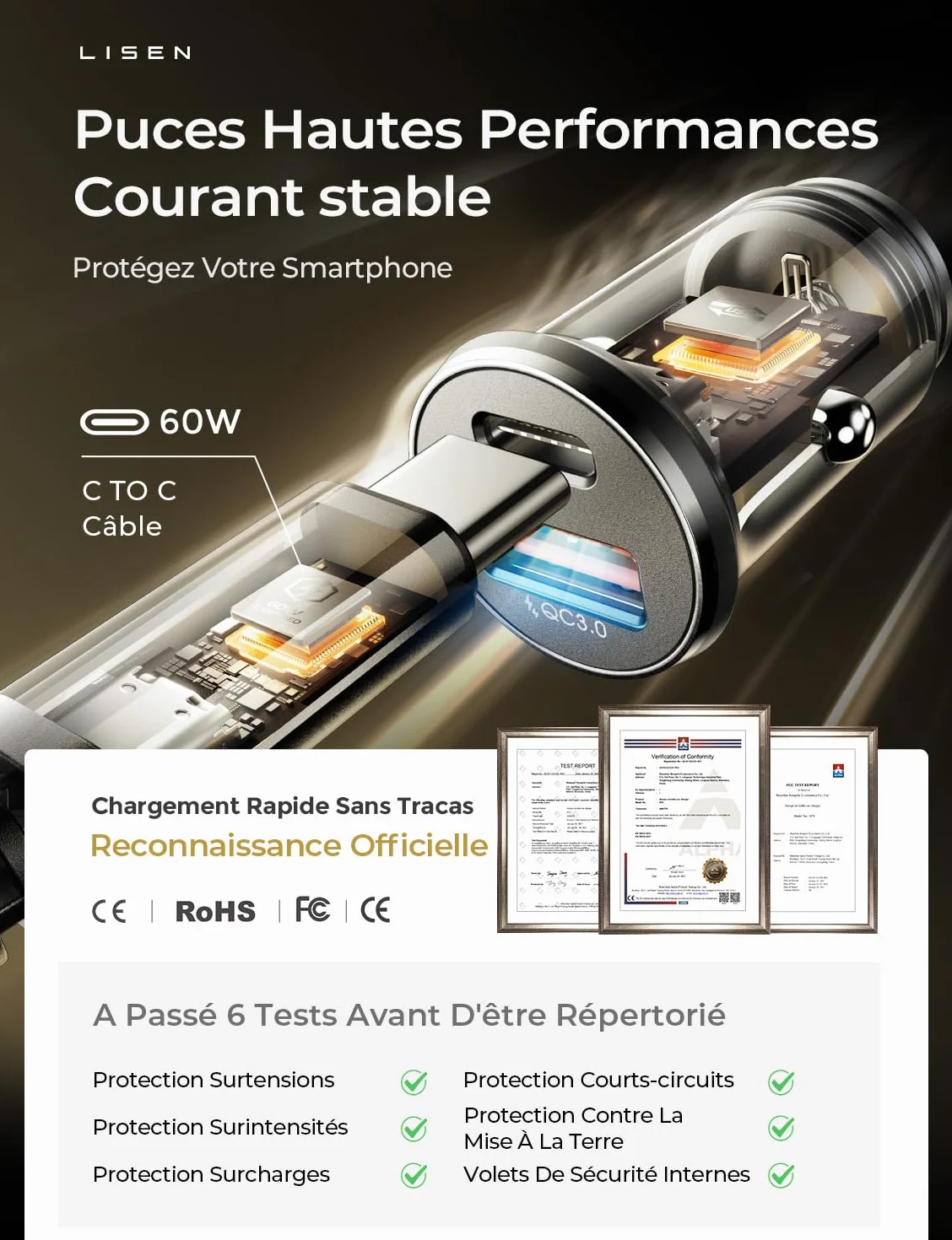 LISEN Chargeur Voiture USB C 54W+60W C-C Câble, Prise Allume Cigare 12V, Accessoire Voiture Interieur pour iPhone 17 Pro Max Galaxy S25