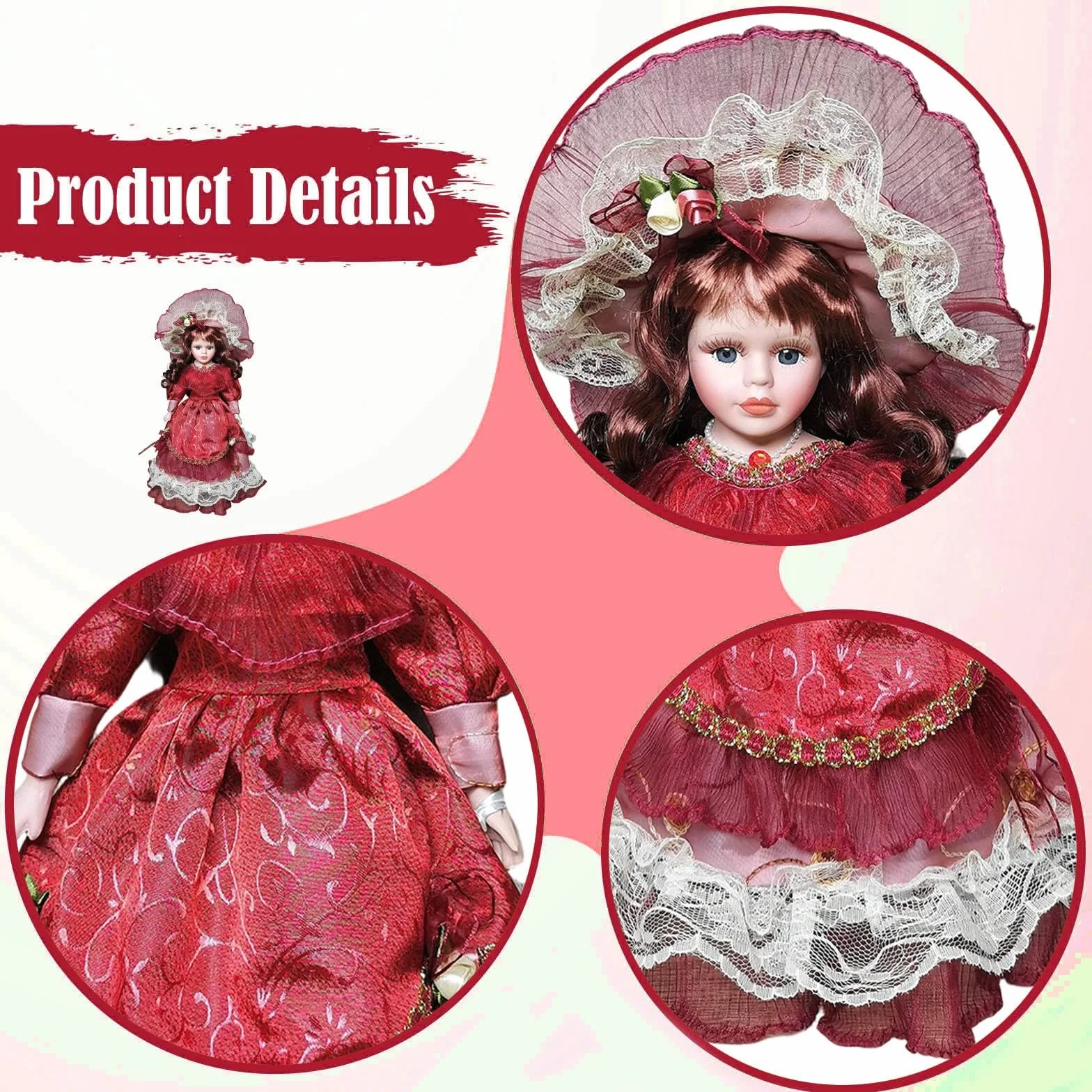 Fenteer Figurine de Collection Poupée Porcelaine Lady Costume Ancien Cheveux Bouclés Robe Élégante Chapeau Bordeaux