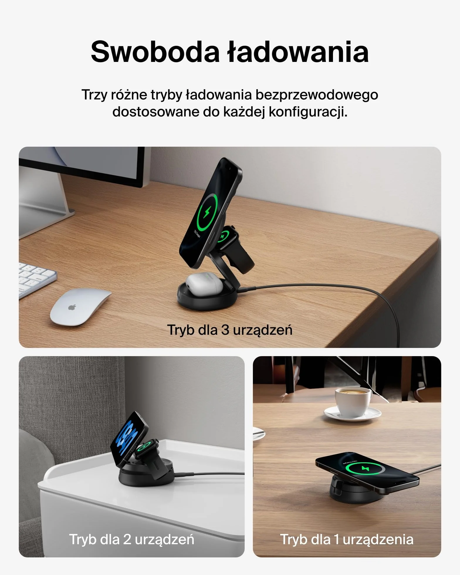 Belkin ładowarka zgodna z MagSafe, rozkładana ładowarka bezprzewodowa 3 w 1 o mocy 15 W z zasilaczem 36 W, antypoślizgowa podstawa, certyfikat Qi2, do urządzeń iPhone 16, Apple Watch, AirPods – czarna