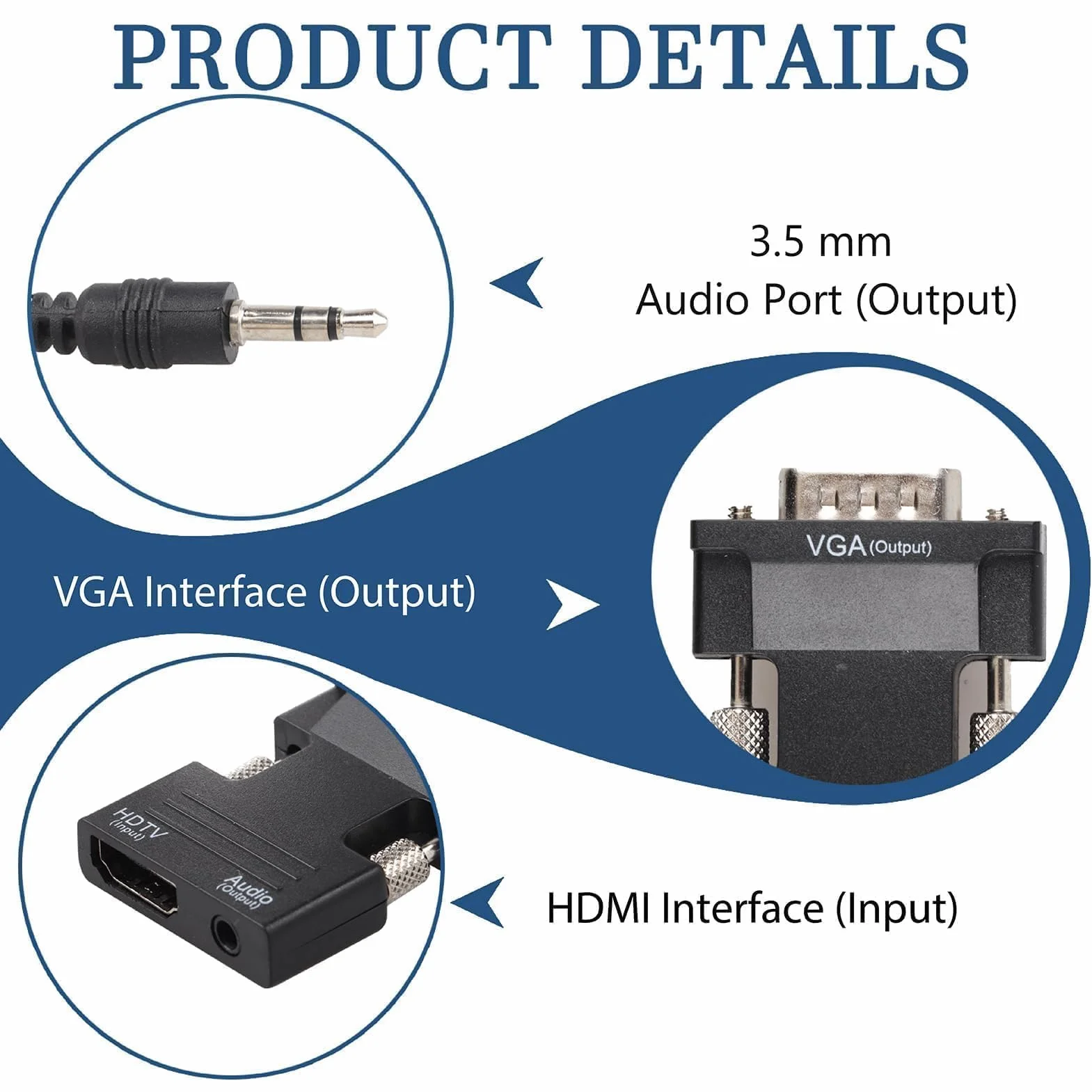 Convertisseur HDMI vers VGA 1080p avec Audio 3,5 mm, Adaptateur Vidéo pour PC Xbox HDTV