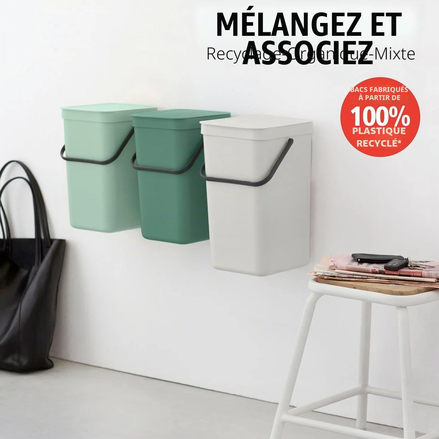 Brabantia Poubelle Sort & Go 3L Gris clair Système tri déchets poignée transport