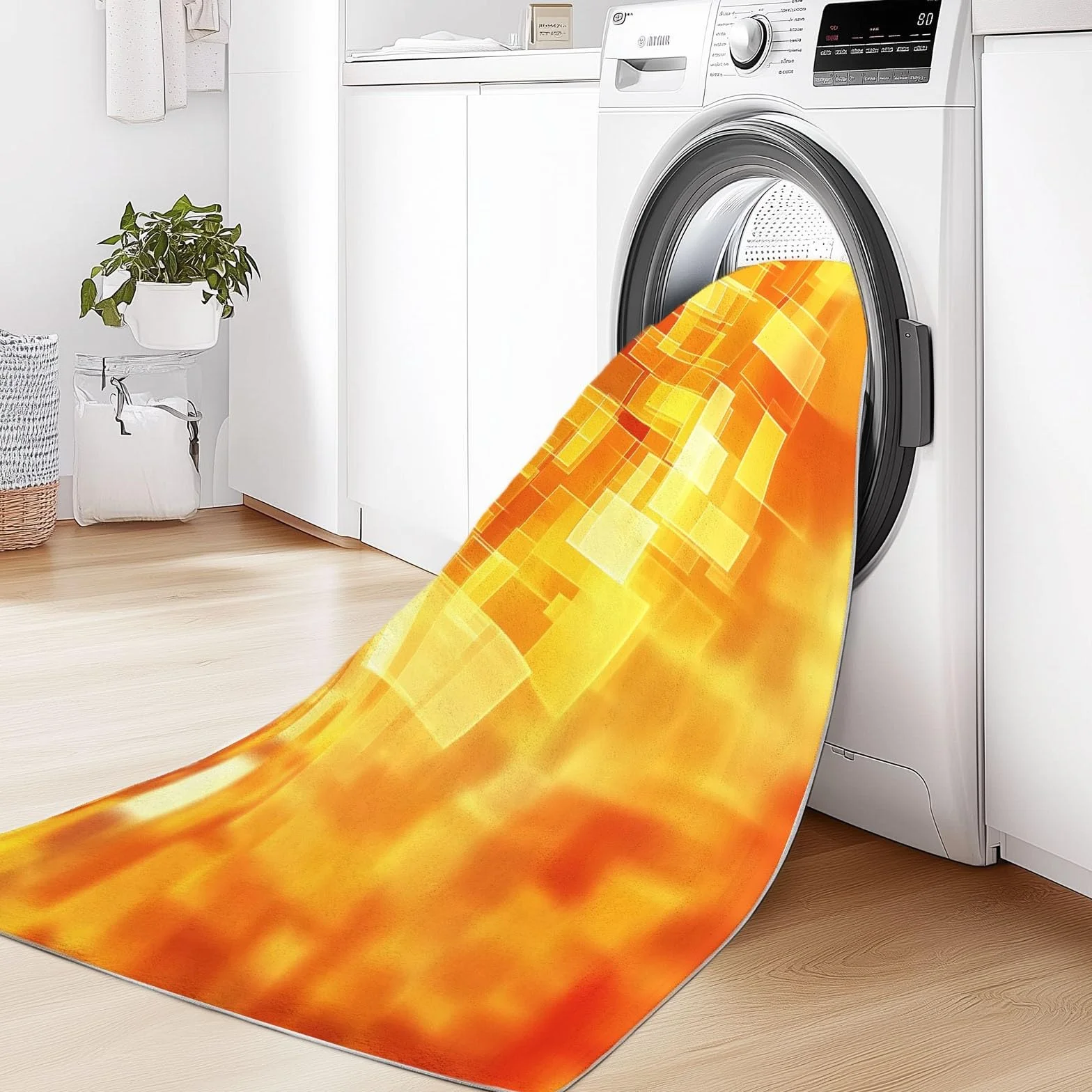 Tapis Poil Ras de Salon Carrés Abstraits Design Lavable, Tapis Antidérapant dans Différentes Tailles, pour Salon Chambre Salle à Manger 160 x 230 cm, Orange Jaune