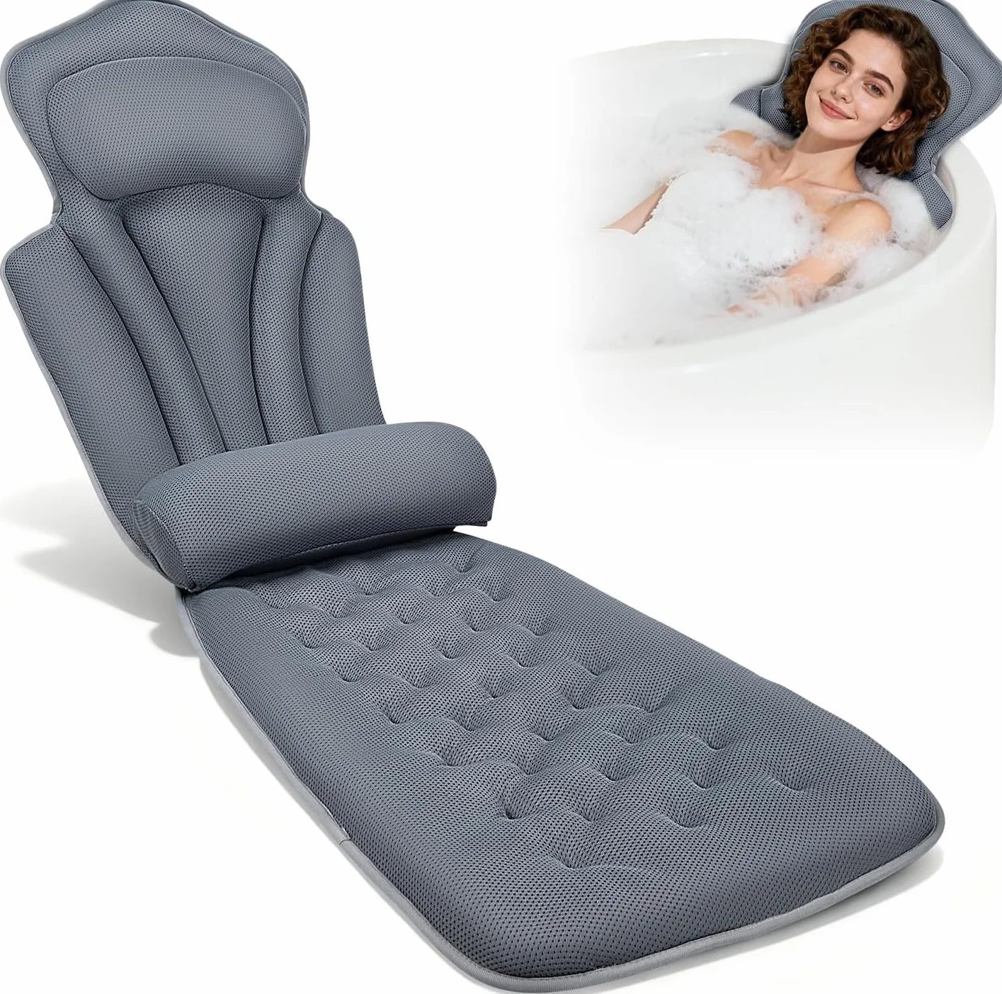 Coussin Baignoire Corps Complet 4D, Matelas de Bain, Oreiller Baignoire avec Appui-tête et Coussin supplémentaire Amovible 133 x 41 cm et Sac de Toilette