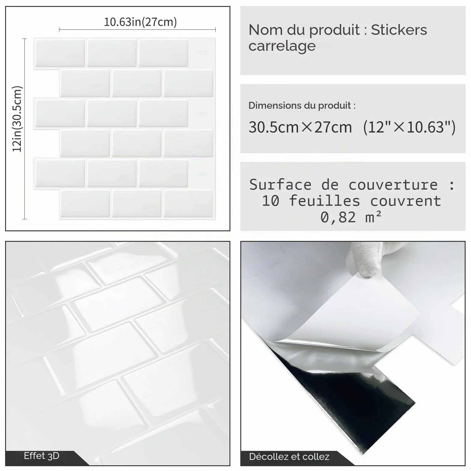DEWOO Credence Adhesive Carrelage Autocollant Vinyle 3D Metro 30.5x30.5 cm 10 Pièces