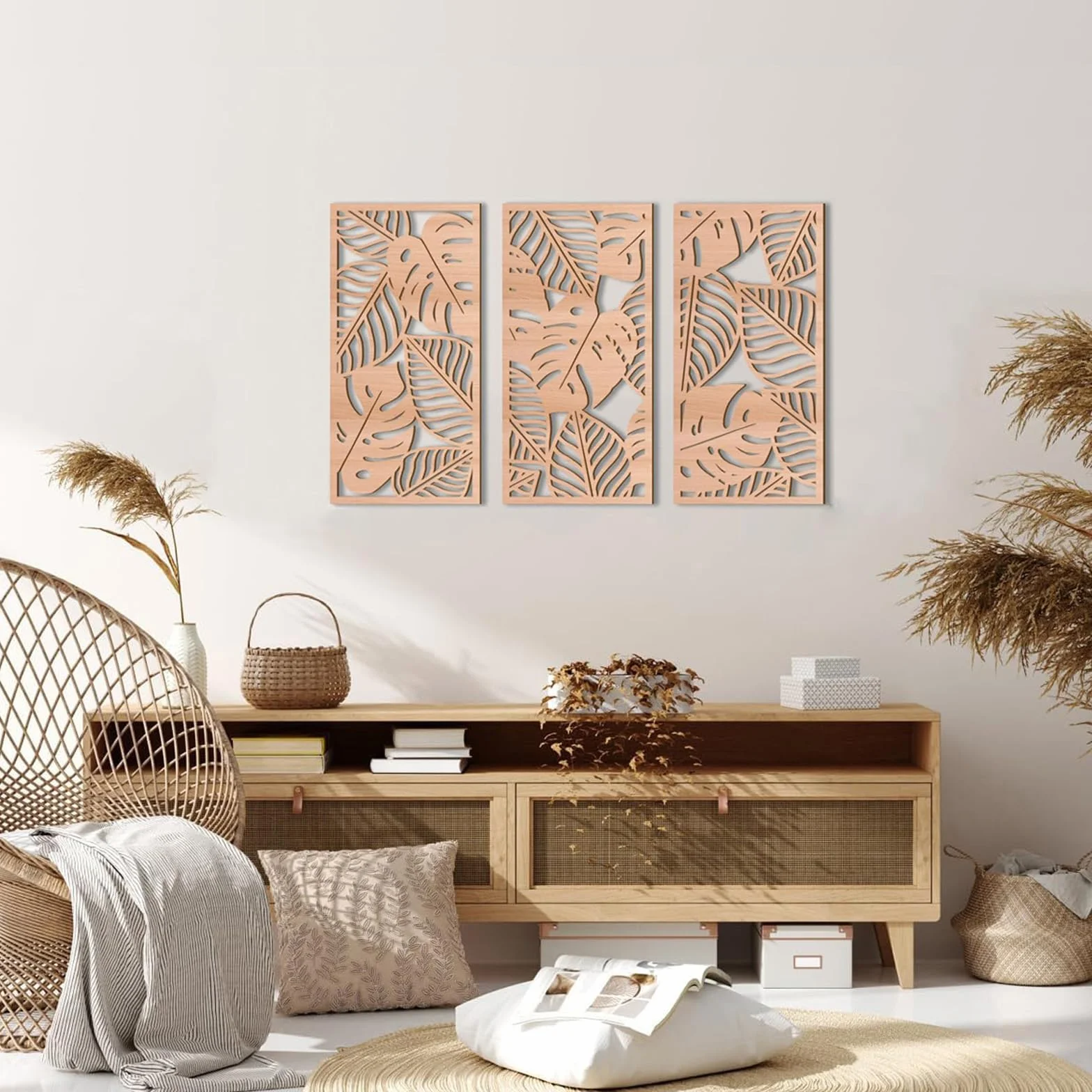 3 Pièces Sculpture Murale en Bois Naturel Monstera - Décor Mural Tropical Style Boho Chic