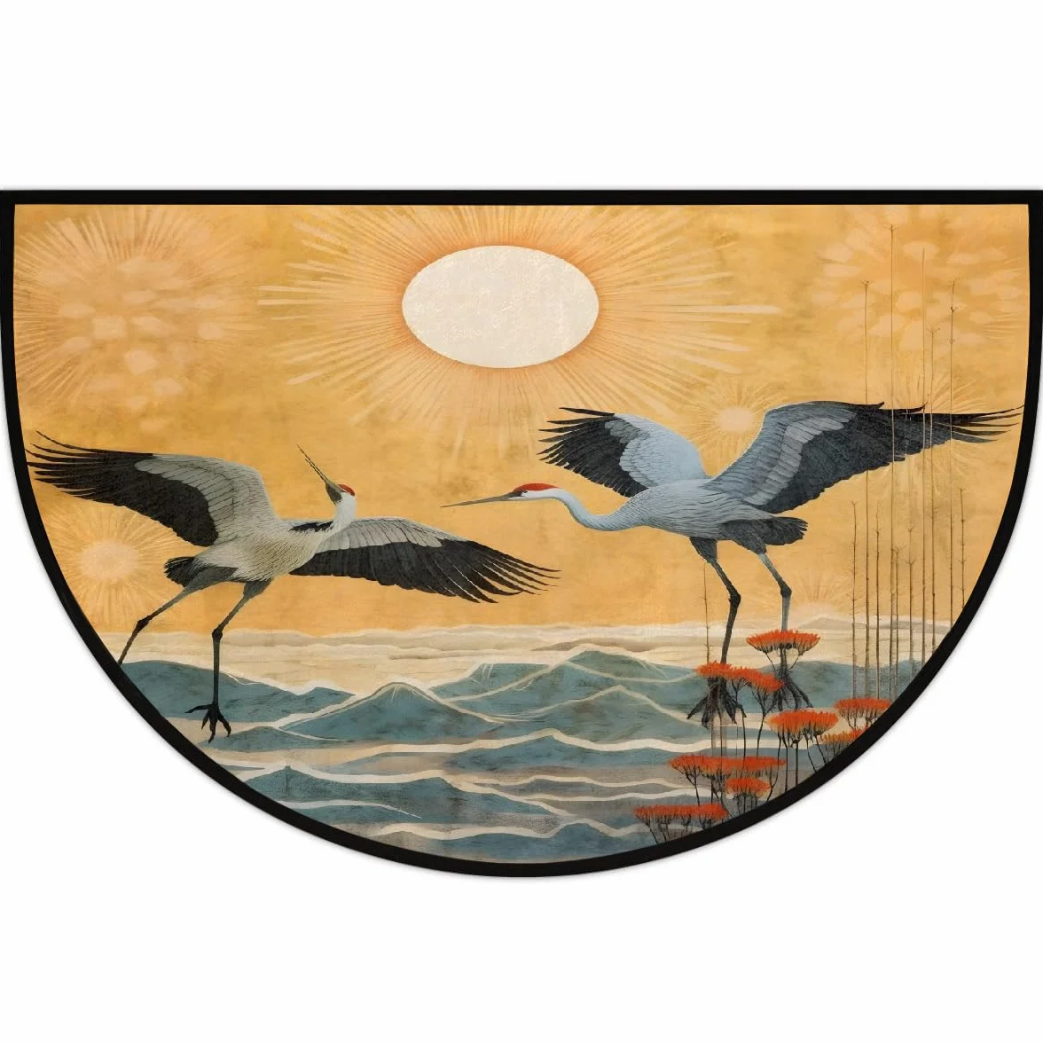 Grand paillasson vintage chinois grue oiseaux demi-lune tapis entrée 91,4 x 61 cm