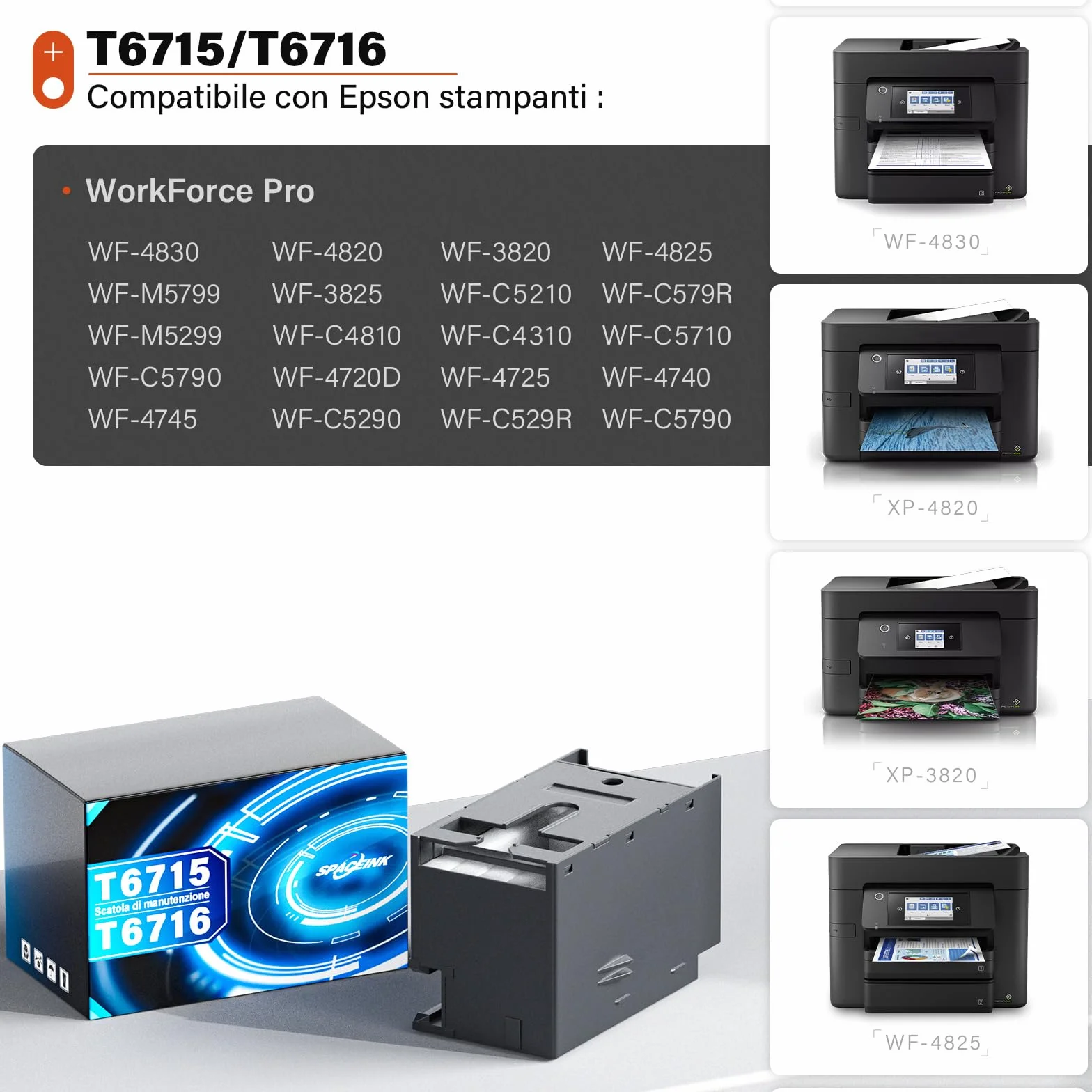 Spaceink T6715 T6716 Boîte de maintenance compatible Epson WorkForce Pro WF-3820DWF WF-C4810DTWF WF-4820DWF WF-3825DWF WF-M5799DWF WF-4830DTWF WF-C5710DWF