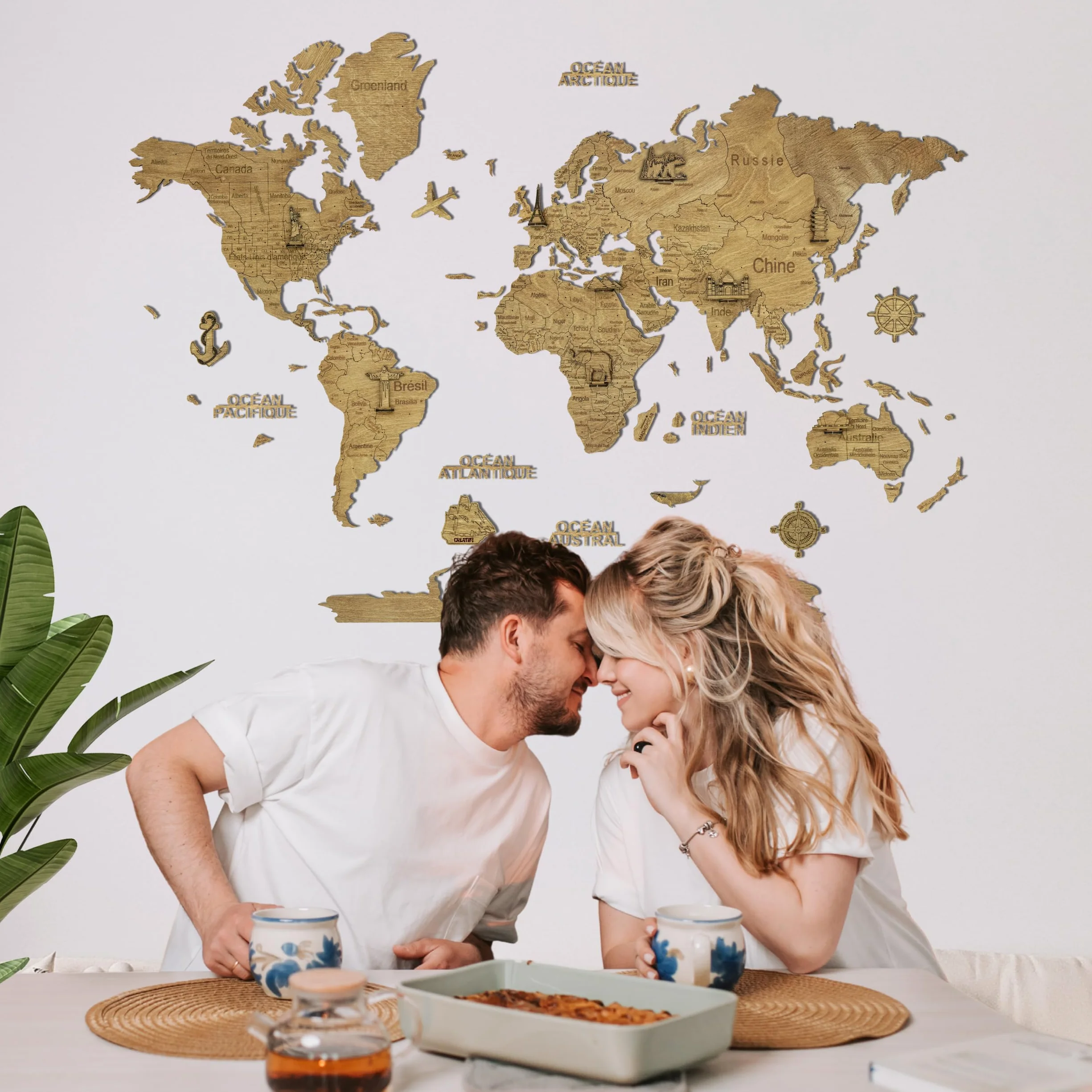 Carte du Monde Murale en Bois 2D – Mappemonde Bois Décorative | Planisphère Mural | Wooden World Map | Décoration Murale Salon Bureau | Idée Cadeau Voyageur (Dark, 100L x 70l cm)