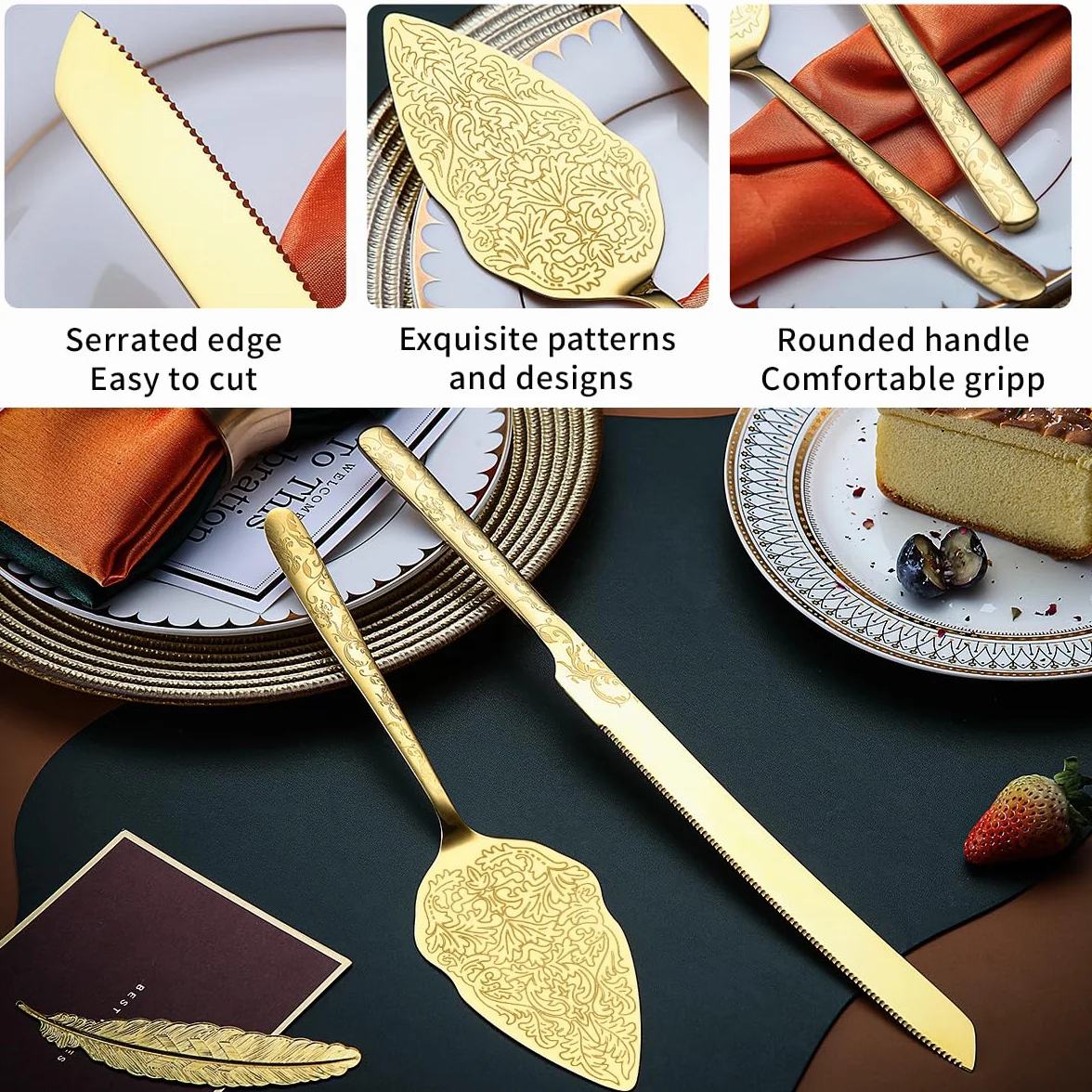 Berglander ensemble de couteau et serveur à gâteau de mariage en or plaqué or titane motif unique