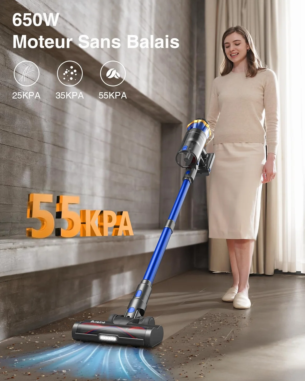Aspirateur Balai sans Fil 650W 55KPA 70min 1.6L Brosse Anti-Enmêlement OLED Écran Tactile