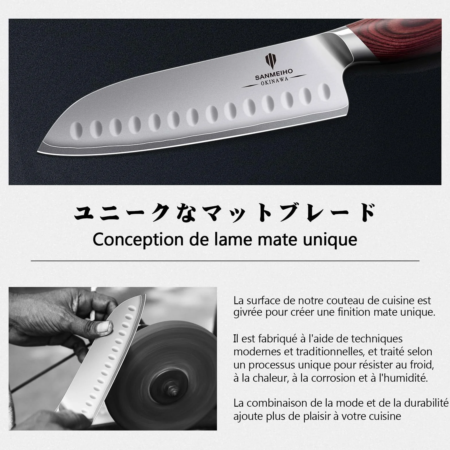 SANMEIHO Couteau de Cuisine Santoku 18 cm, Lame 12°, Acier Japonais 10Cr15MoV (62HRC), Manche Bois de Pakka