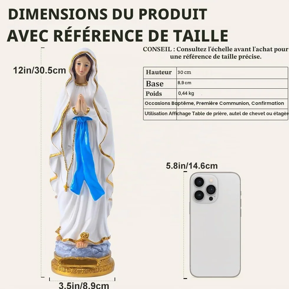Statue Vierge Marie de Lourdes 30 cm Résine - Statuette Religieuse pour Prière, Autel, Communion
