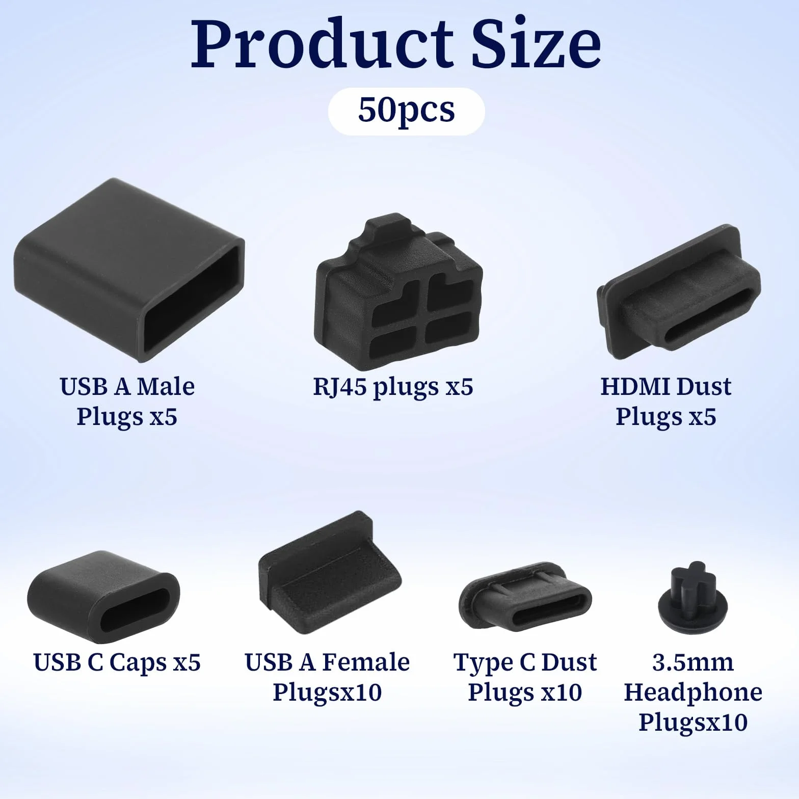 50 sztuk, 7 rodzajów nasadek ochronnych USB, silikonowe, ochrona przed kurzem USB C, osłona na port USB-A, ochrona przed kurzem, dla kobiet i mężczyzn, USB C, słuchawki 3,5 mm, HDMI, RJ45 Ethernet