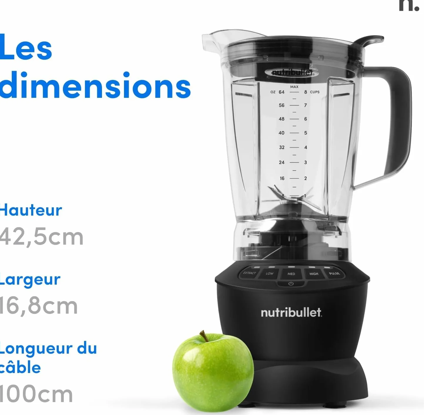 Nutribullet Full Size Blender Combo, mixeur électrique, broyeur multifonctionnel, professionnel, puissance 1200 Watt, carafe 1,9l, verres 946ml et 710ml, noir, NBF500MB