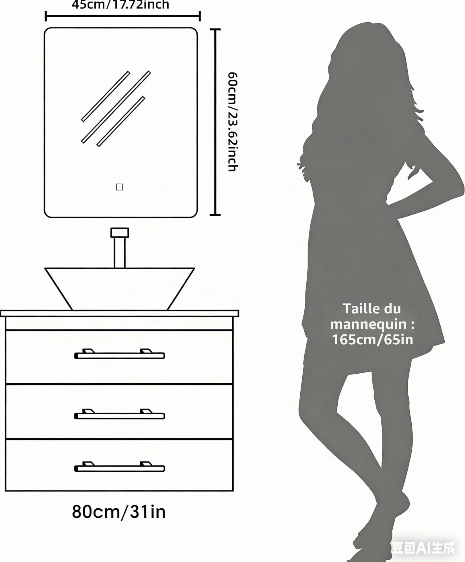 Miroir Mural de Salle de Bain, avec éclairage, 60 x 45 cm, avec lumière LED, Interrupteur Tactile et 3 Couleurs à intensité Variable (rectangulaire)