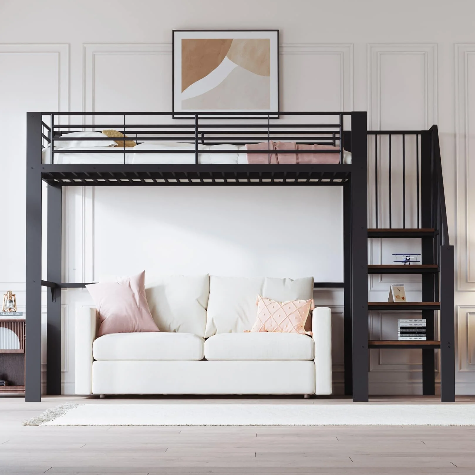 Lit Mezzanine 1 Place 90x200cm,Lit Mezzanine Enfants avec Grand Escalier de Rangement,Barrière Haute,Sommier à Lattes Solide,pour Enfants Adolescents(Noir 1,90)