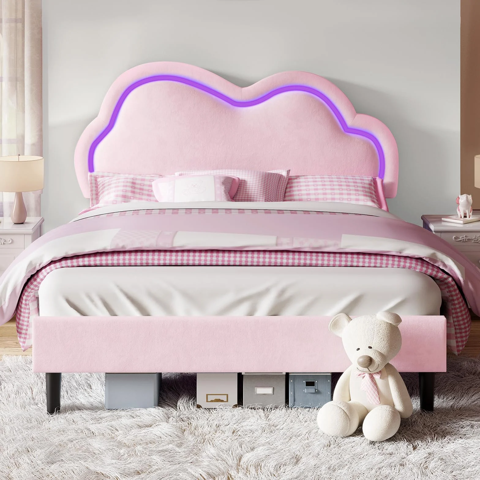 LUXOAK Cadre de lit 90 x 200 cm pour Fille, avec tête de lit en Forme de Nuage réglable, revêtement en Velours, éclairage RGB, Espace de Rangement de 18 cm sous Le lit, sans sommier, Couleur Rose