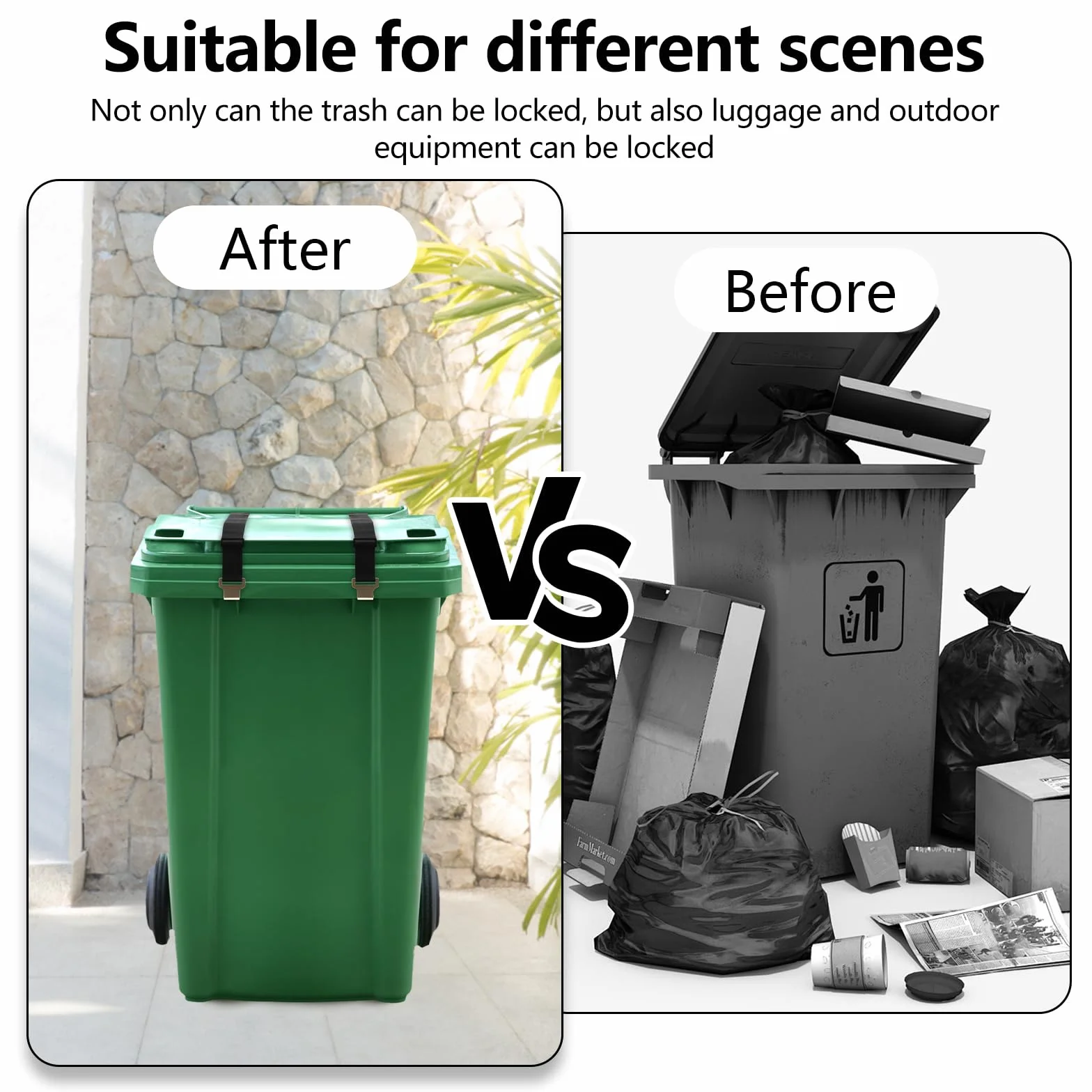 2 pièces de verrouillage pour conteneur à ordures, couvercle de poubelle réglable avec griffe métallique, aucun perçage nécessaire, pour les poubelles publiques, pour empêcher l’intrusion d’animaux