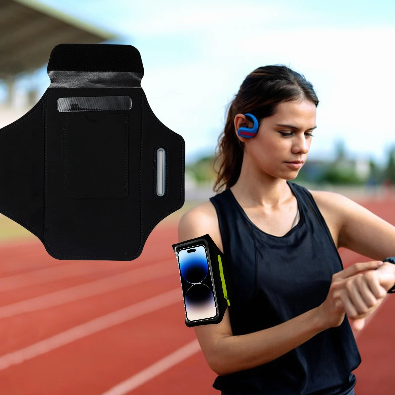 TRIXES Czarna opaska na ramię do biegania z akcesoriami torba na słuchawki pasuje do iPhone'a 15 Pro Max/14 Pro/13 Pro Max/12/12 Pro/11/XR/XS/X/8 Plus - nadaje się do smartfonów do 6,7 cala
