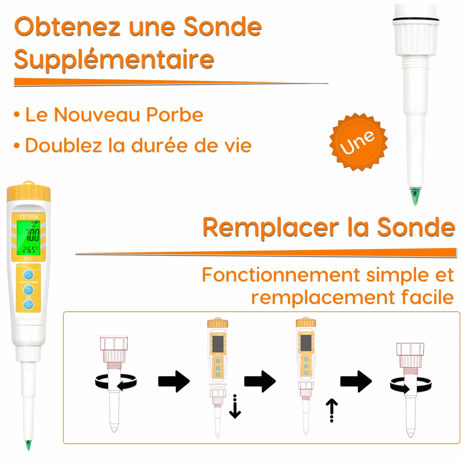 YINMIK pH Mètre Alimentaire avec Sonde de pH Remplaçable Supplémentaire, Testeur de pH Numérique pour Levain et le Pain, Testeur de pH Alimentaire pour Viande, Mise en Conserve, Fromage, l'eau