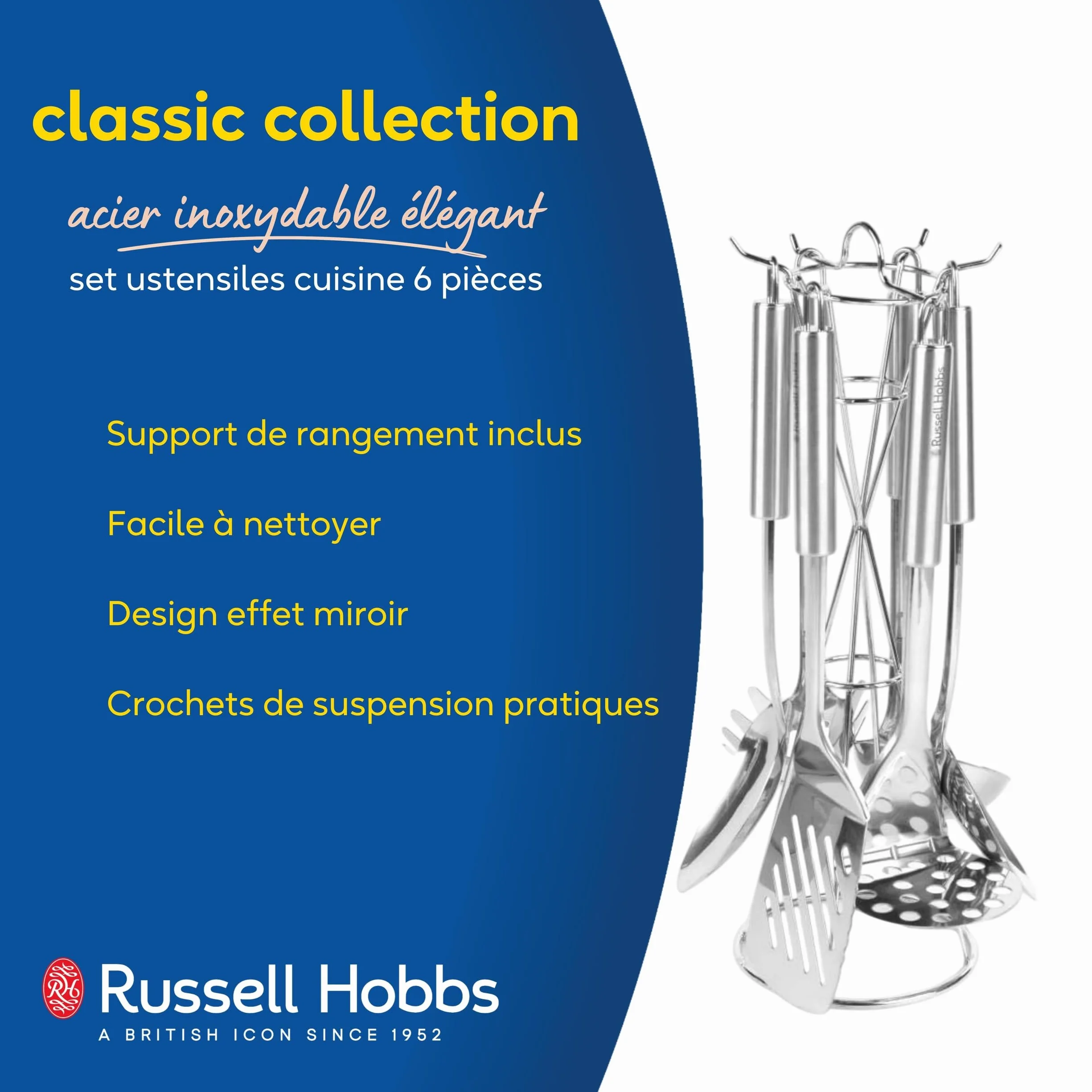 Russell Hobbs Set de 6 Ustensiles de Cuisine Acier Inoxydable avec Support