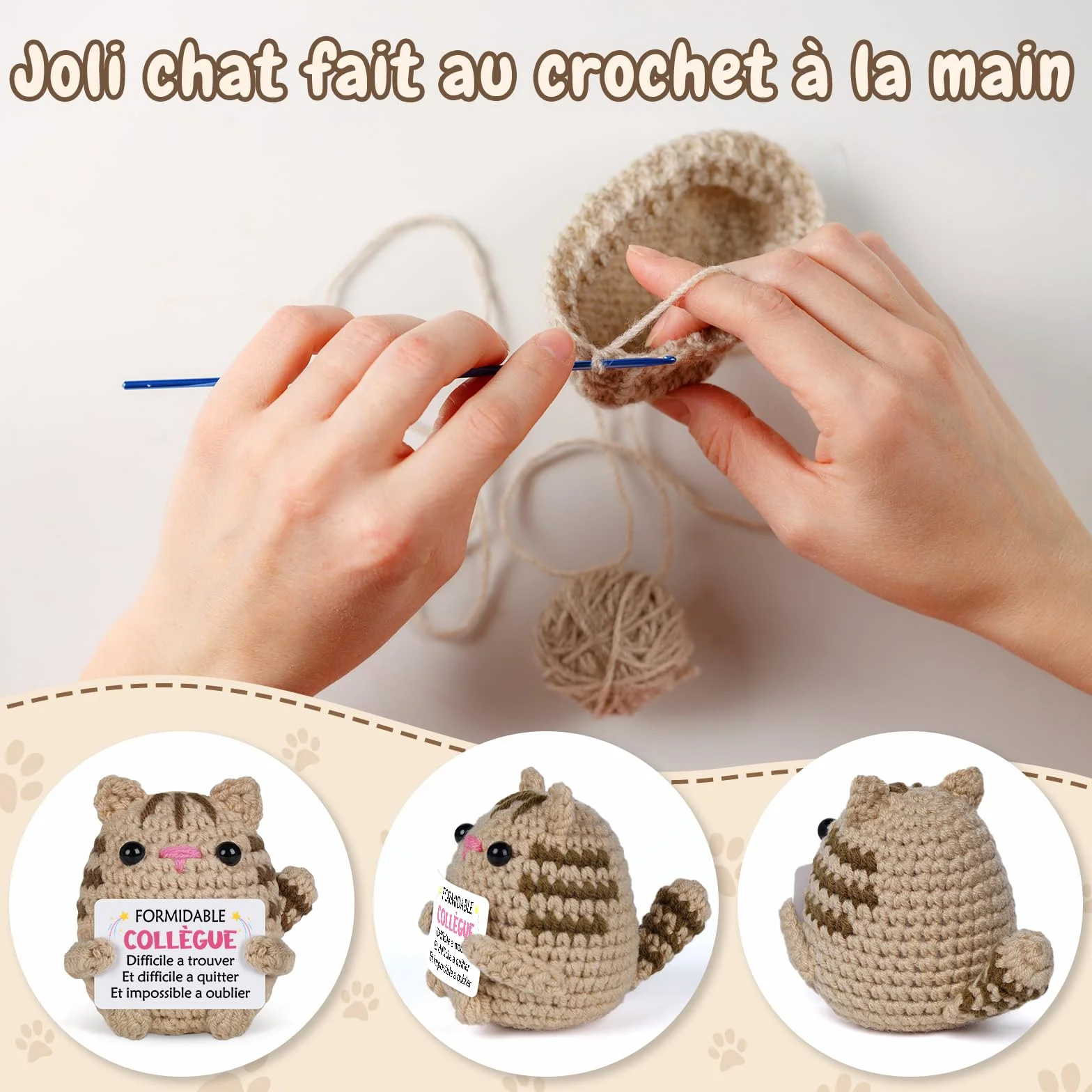 Peluche chat crochetée à la main avec carte de vœux, Cadeau Départ Collègue Femme, Décoration Bureau Maison