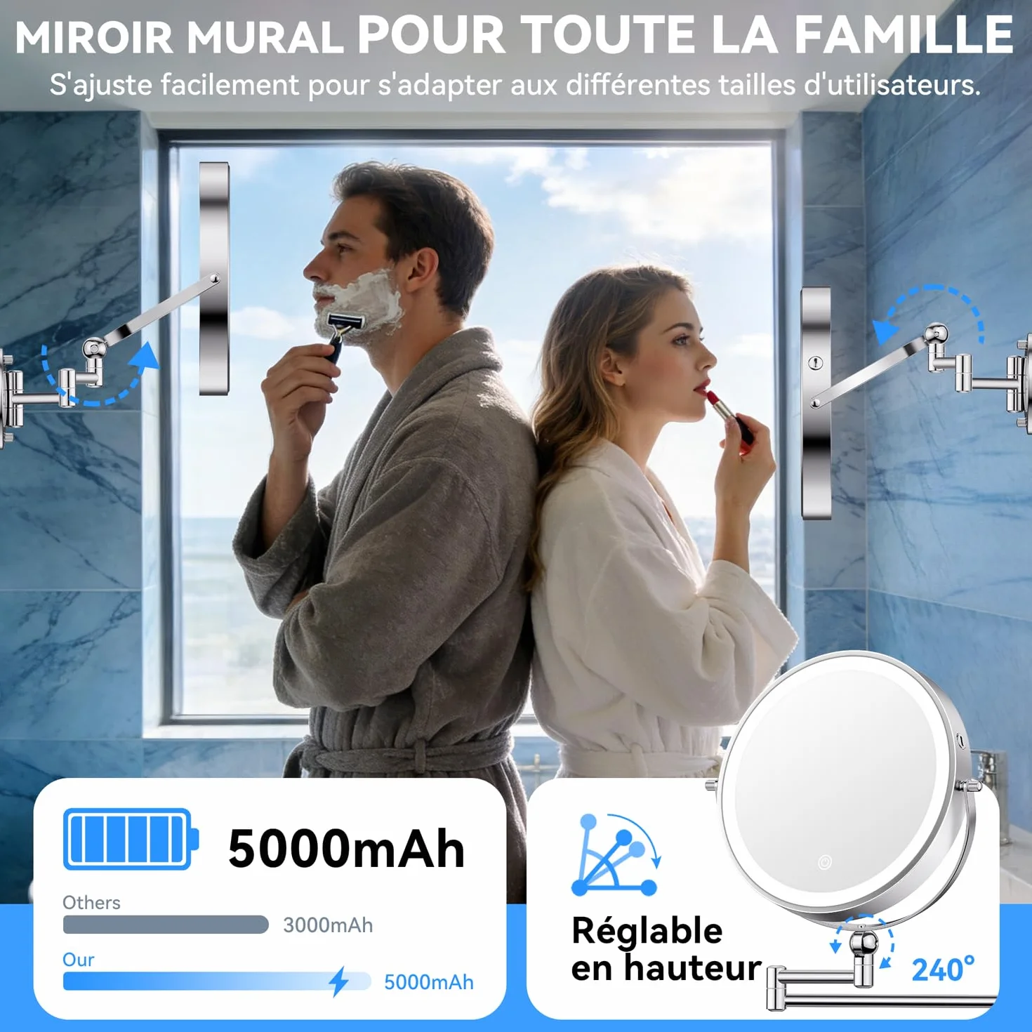 Auxmir 9" Miroir Grossissant Mural Rechargeable 5000 mAh, Miroir Grossissant x30 Réglable en Hauteur et Rotatif 360° pour Soins du Visage et Rasage pour Toute la Famille, Salles de Bain et Hôtels