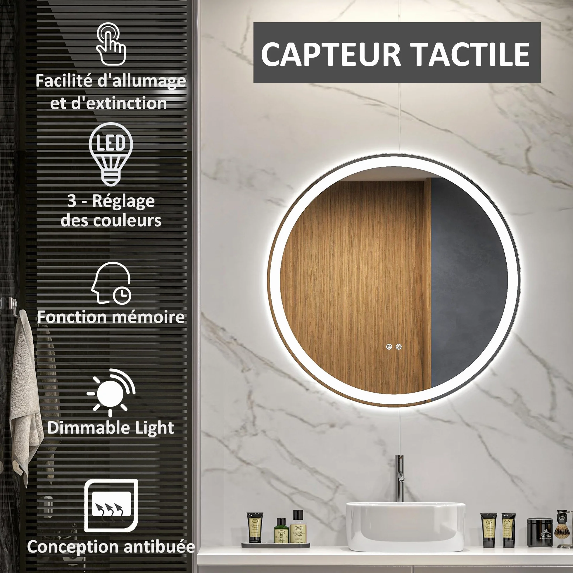 kleankin Miroir Salle de Bain avec éclairage Ø 70 cm Miroir Rond Lumineux 3 Couleurs Interrupteur Tactile système antibuée 23W Blanc Argent
