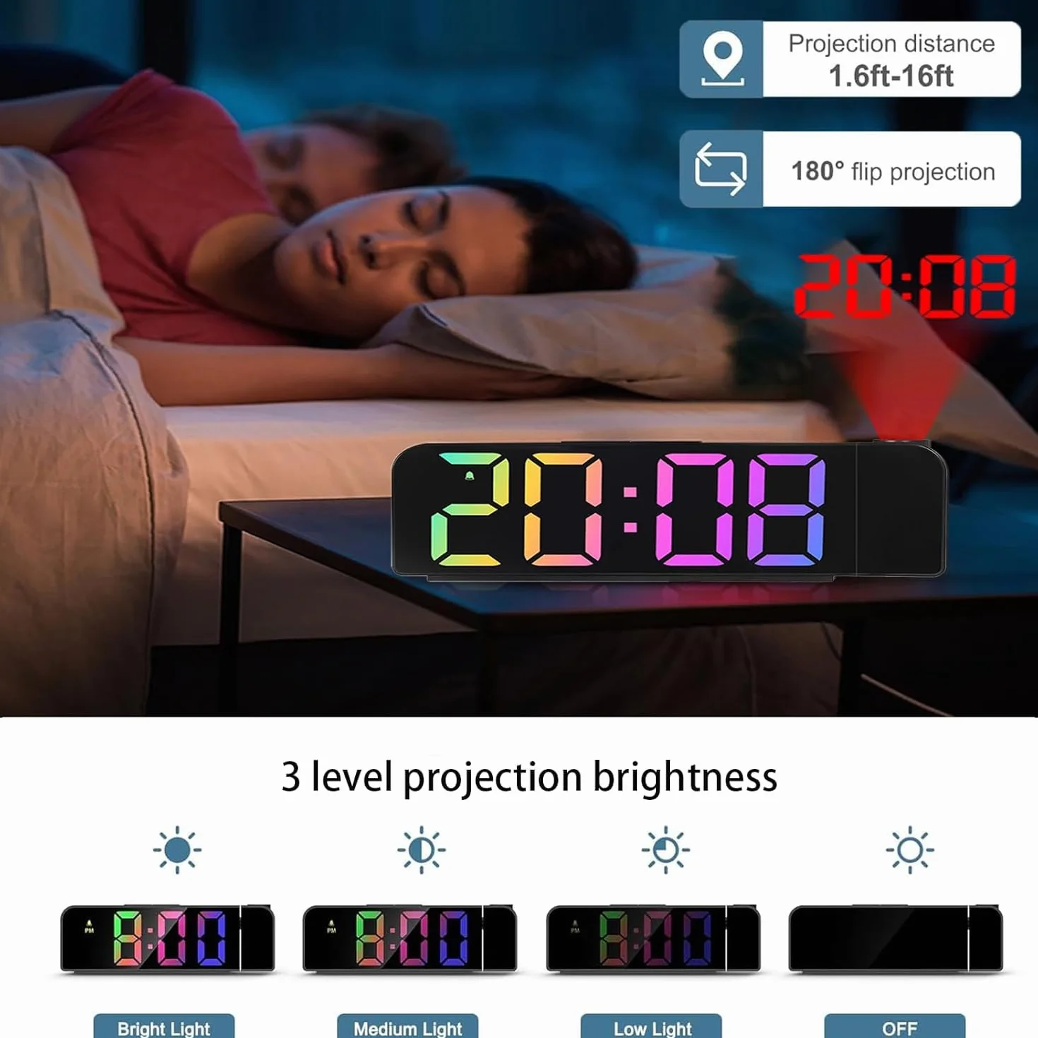Réveil Projecteur Plafond 180°, 7" Grand Écran Horloge Numérique LED Projection, Luminosité Réglable 12/24H, Chargement USB
