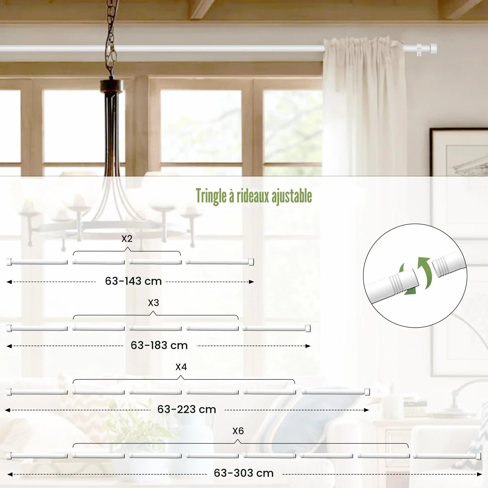 Barre à Rideaux Extensible Blanc 63-183cm 16mm avec Embouts Simples et Supports