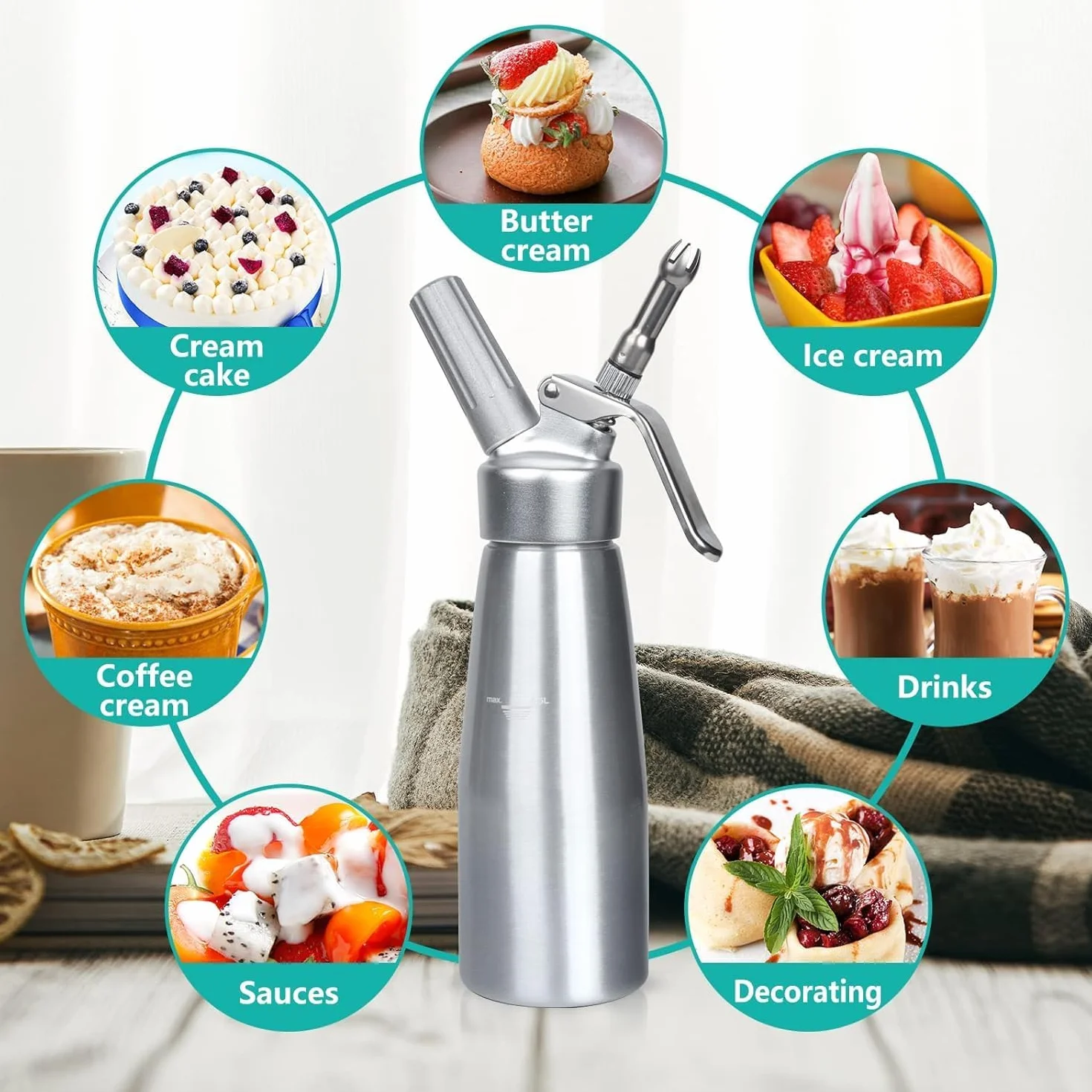 Siphon Chantilly Professionnel 500ml Inox Aluminium avec 3 Douilles pour Mousses et Crèmes