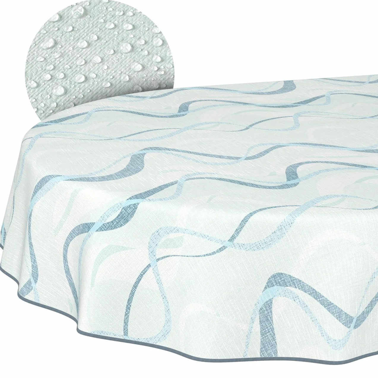 Nappe en Toile cirée Lavable Effet Lotus Imperméable Ovale 200 x 140 cm Bleue Motif Vagues