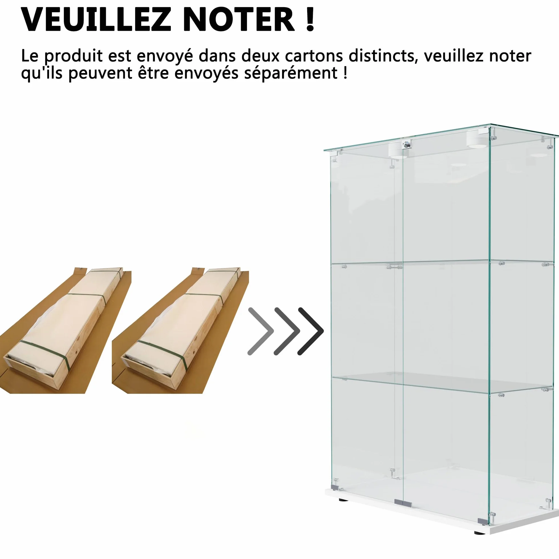 MEXUS Vitrine en Verre avec LED, avec 2 Portes et Serrure de sécurité, Conception à 3 Couches, étanche à la poussière et Facile à Nettoyer, adaptée au Salon, à la Chambre, au Bureau (Blanc)
