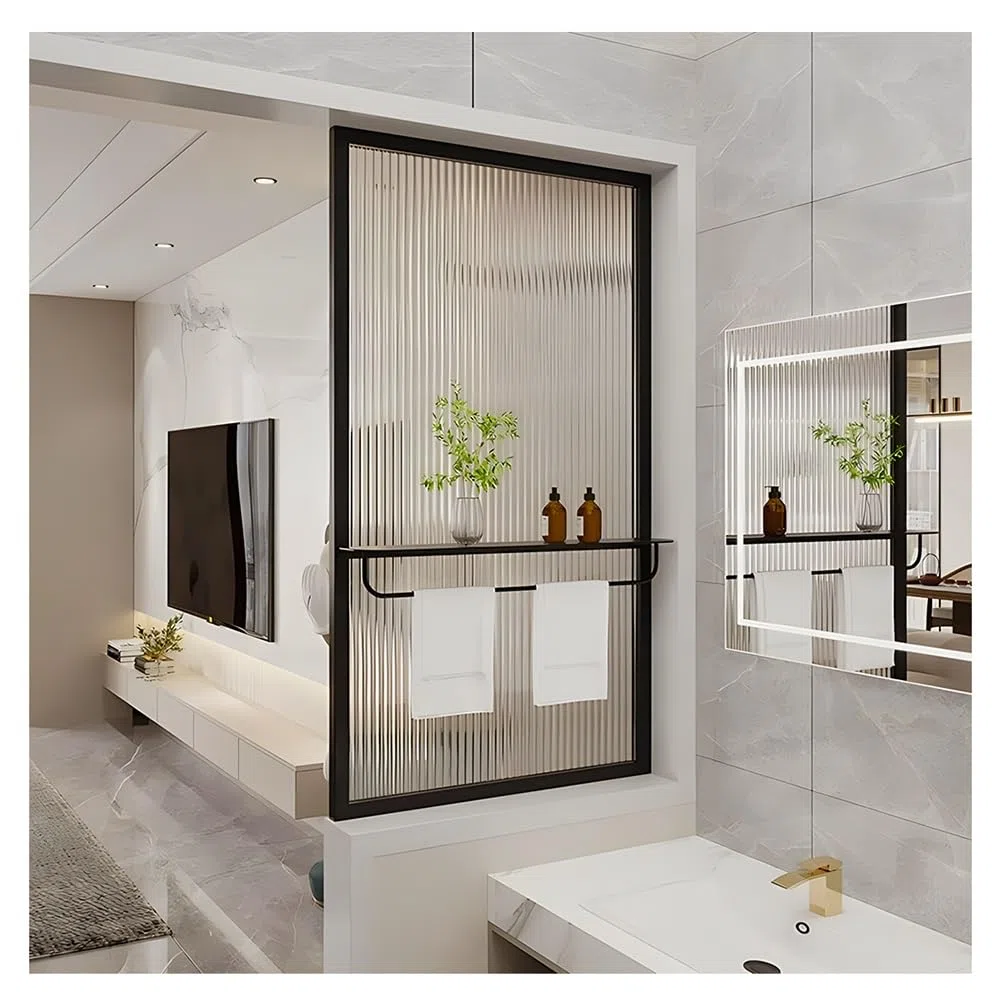 Paravent de séparation autonome avec étagères et porte-serviettes Noir élégant Paravent en verre pour chambre à coucher, salle de bain et toilettes 60 x 80 cm