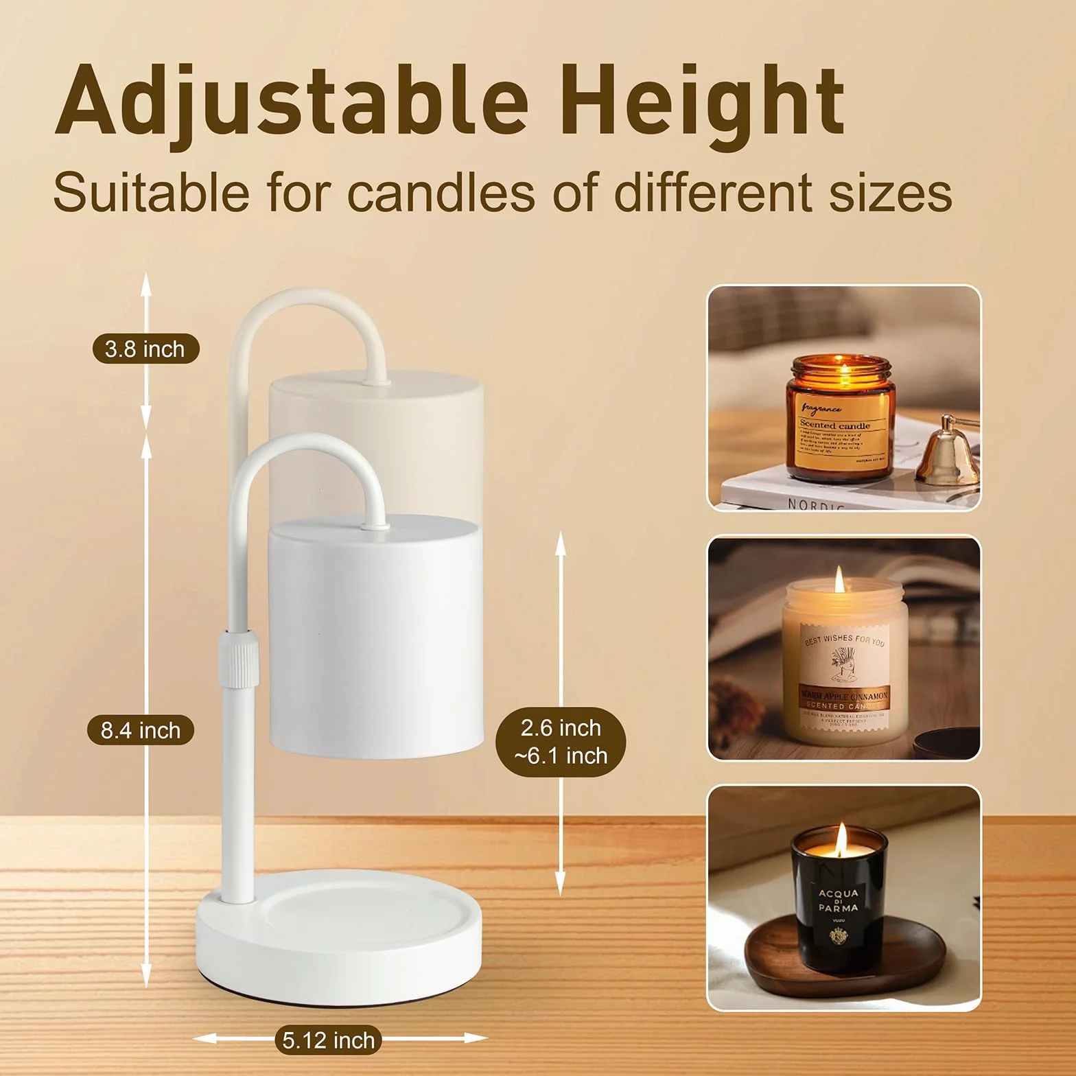 Briever Lampe chauffe-bougie électrique avec minuterie et variateur d'intensité, pour bougies en pot, hauteur réglable avec 2 ampoules et base en bois, cadeau pour femme, décoration d'intérieur, blanc