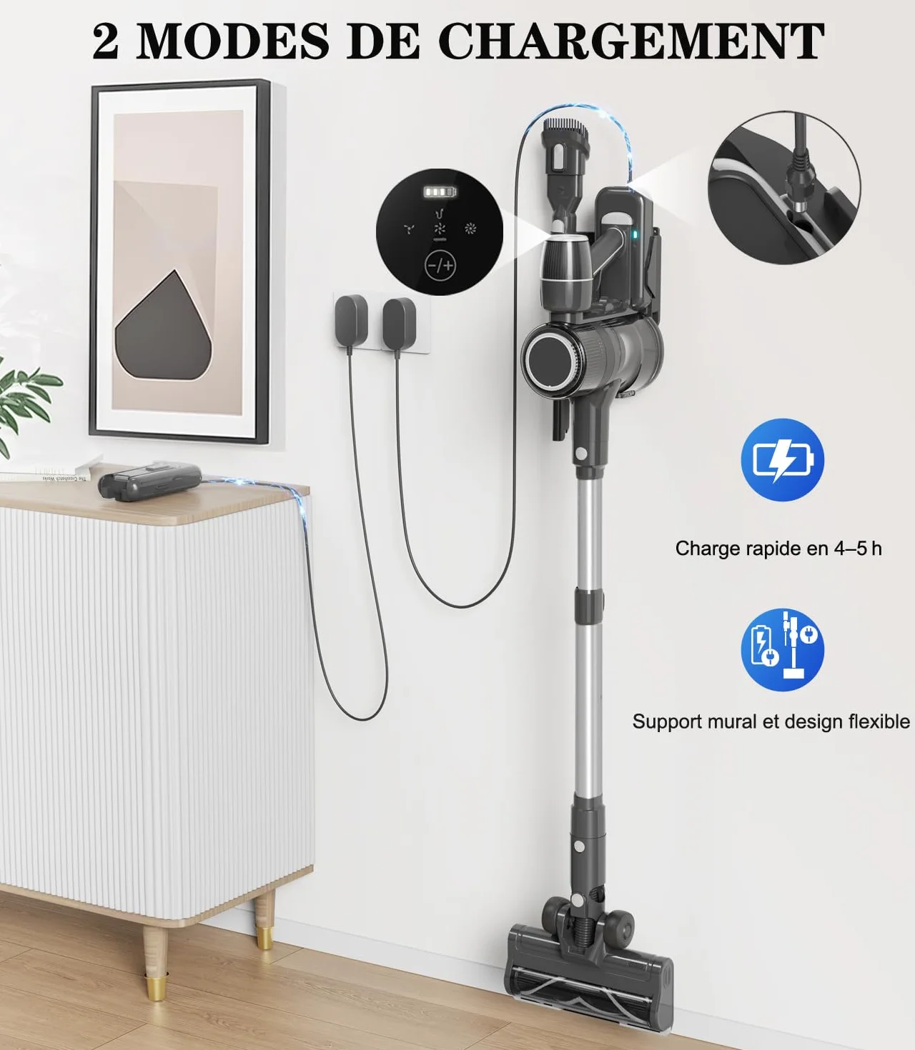 Aspirateur Balai sans Fil Puissant Électrique Silencieux Autonomie Rechargeable Batterie Cyclonique Brosse LED pour Poils d’Animaux Tapis Sols Durs