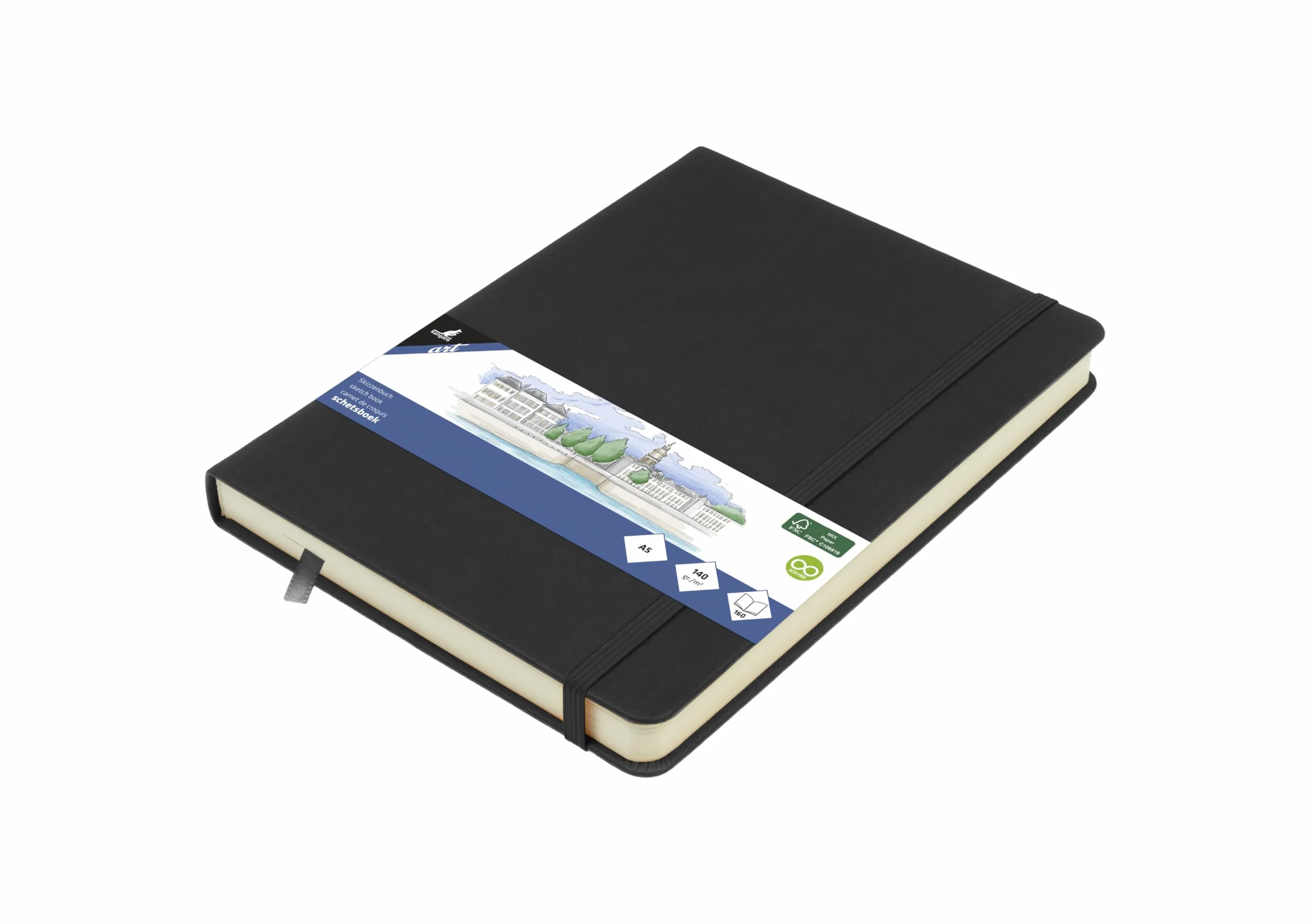 Kangaro Art Carnet de croquis A5 couverture rigide polyuréthane noir 80 feuilles 140 g Papier crème
