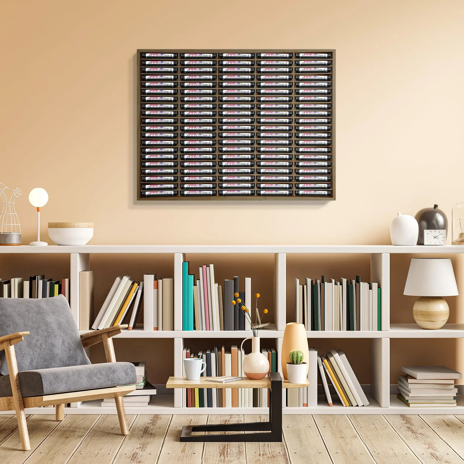 Marsui Support de rangement en bois pour 100 cassettes audio - Pour collections et accessoires audio (marron)