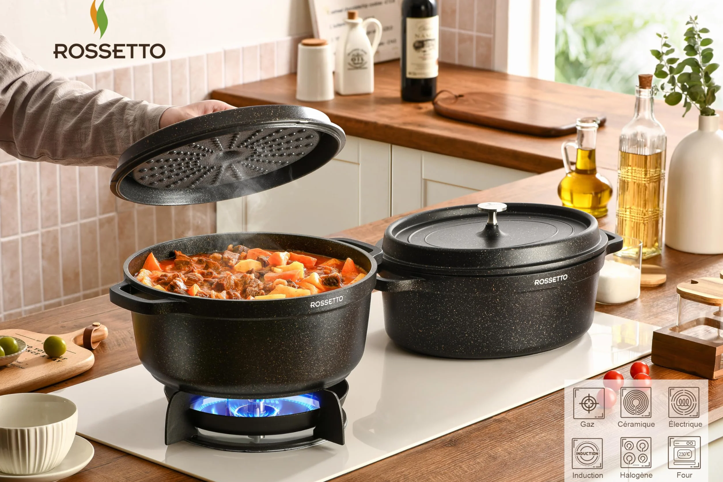 ROSSETTO 10,6L Cocotte ovale en fonte d’aluminium, revêtement antiadhérent en céramique. Couvercle avec picots saveurs. Compatible tous feux dont induction et au four jusqu’à 230℃, 38CM, Noir