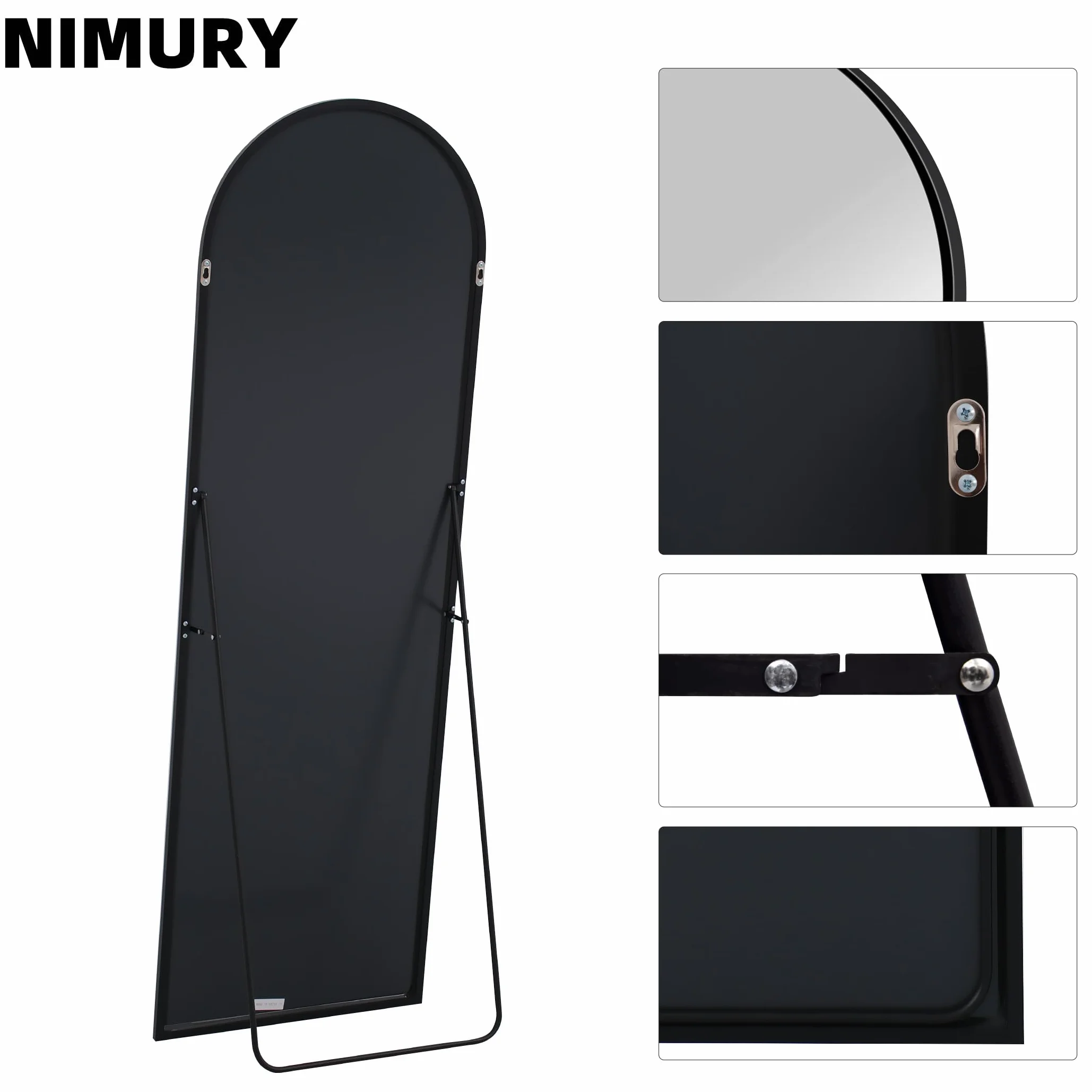Miroir sur Pied 161 x 52 cm, Grand Miroir Mural en Pleine Longueur avec Cadre en Aluminium Noir, Miroir Arqué pour Salle de Bain, Chambre, Entrée et Couloir