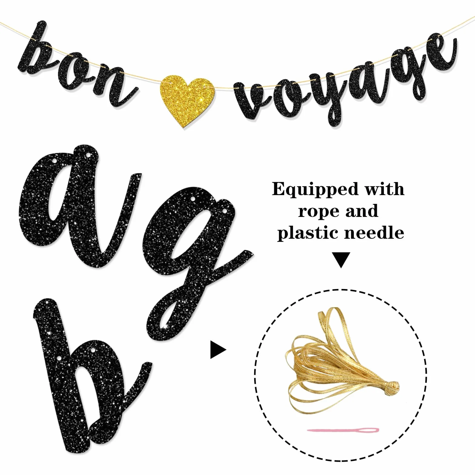 Bannière Bon Voyage – Banderole de fanions de fête thème voyage – The Adventure Begin – Décorations adieu – Paillettes noires