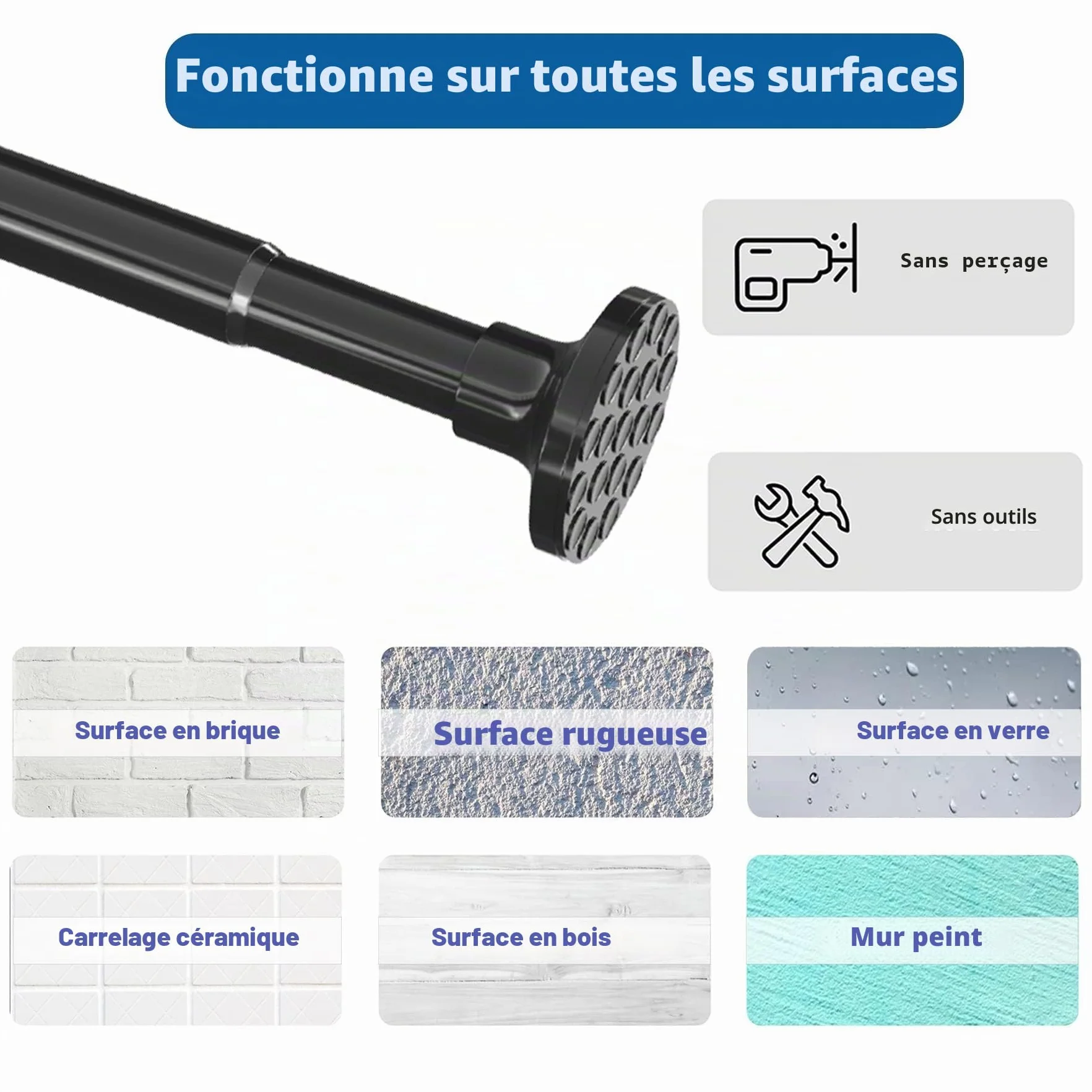 Barre de rideau sans perçage 400 cm de long - Barre de rideau de 4 m de longueur extra - Barre de douche sans perçage - Barre de vêtements extensible pour salle de bain, chambre à coucher - Noir (350