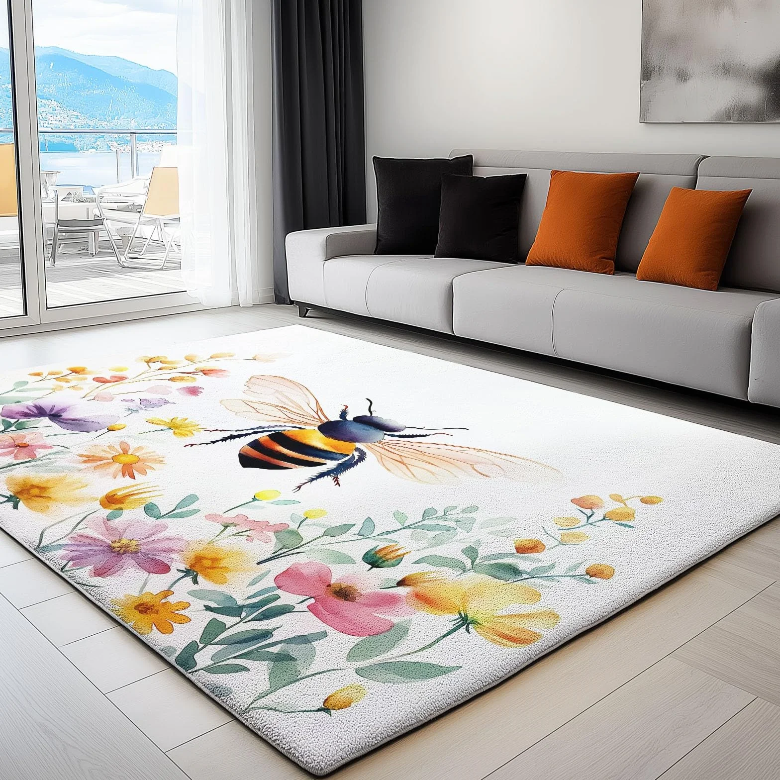 Tapis Salon Poil Court Fleurs À L'Aquarelle Abeille Motif Lavable en Machine Antidérapant 140 x 200 cm