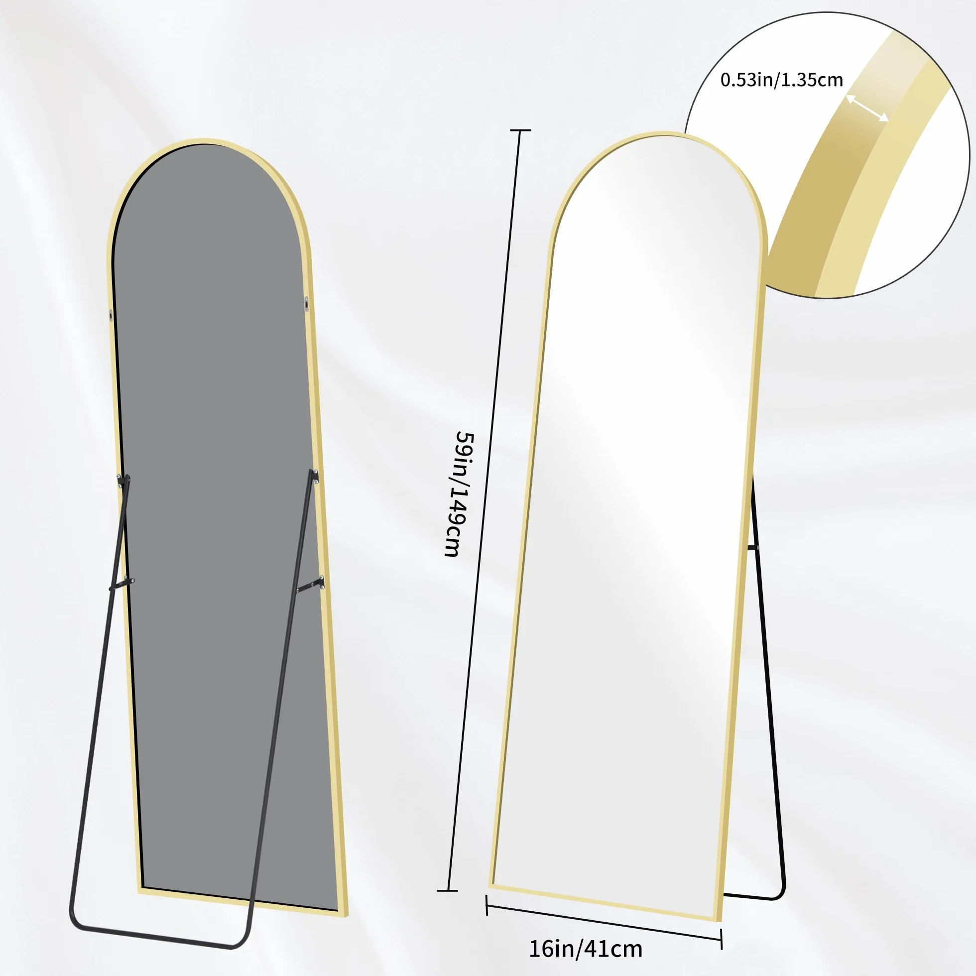 Grand Miroir sur Pied 150 x 40 cm, Miroir Arqué Pleine Longueur Cadre Aluminium Or pour Chambre, Entrée, Couloir