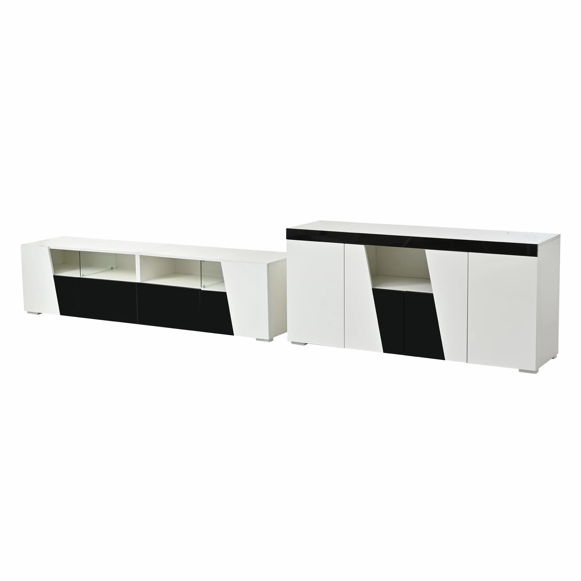 OKMYHOME Ensemble Meuble TV et Buffet avec LED Finition Haute Brillance 180 cm + 140 cm Blanc Noir